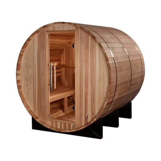 Golden Designs 4-Person "Arosa" Outdoor Traditional Barrel Steam Sauna w/ Pacific Cedar | GDI-B004-01