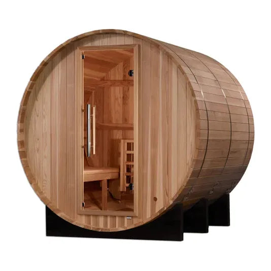 Golden Designs 4-Person "Arosa" Outdoor Traditional Barrel Steam Sauna w/ Pacific Cedar | GDI-B004-01