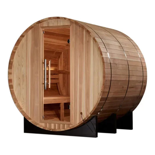 Golden Designs 4-Person "Arosa" Outdoor Traditional Barrel Steam Sauna w/ Pacific Cedar | GDI-B004-01