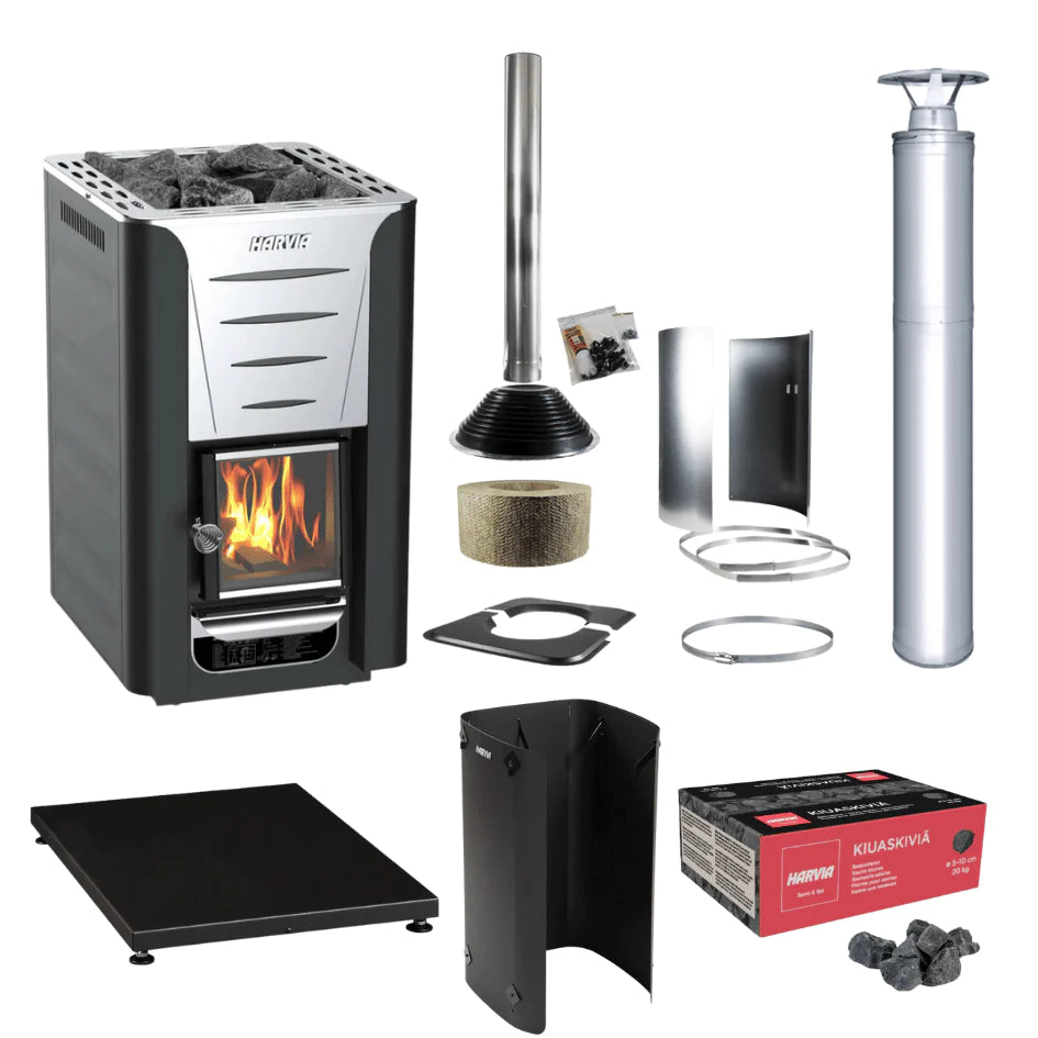 Harvia PRO 20 24kW Wood Burning Stove Package w/ Chimney Kit, Protective Bedding, Sheath, Stones