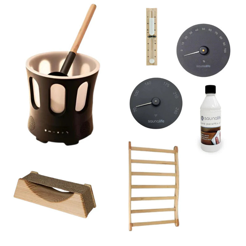 Sauna Life Essential Sauna Accessories Package | Bucket & Ladle, Thermometer, Hygrometer, Sand Timer, Backrest, Headrest, Paraffin Oil