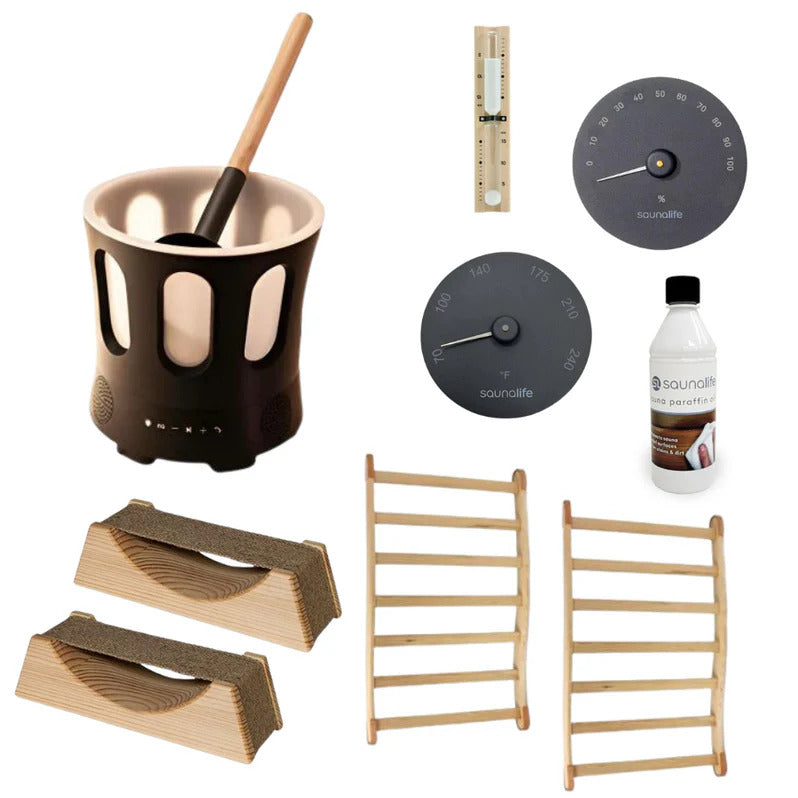 Sauna Life Essential Sauna Accessories Package | Bucket & Ladle, Thermometer, Hygrometer, Sand Timer, Backrest, Headrest, Paraffin Oil