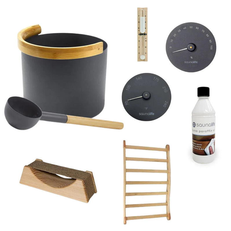 Sauna Life Essential Sauna Accessories Package | Bucket & Ladle, Thermometer, Hygrometer, Sand Timer, Backrest, Headrest, Paraffin Oil