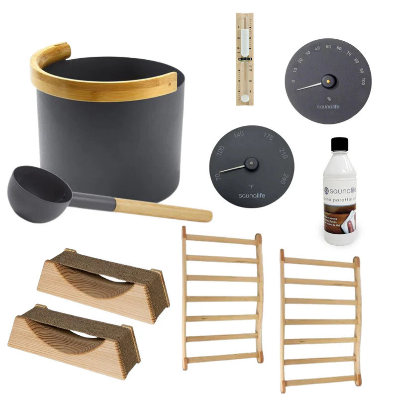 Sauna Life Essential Sauna Accessories Package | Bucket & Ladle, Thermometer, Hygrometer, Sand Timer, Backrest, Headrest, Paraffin Oil