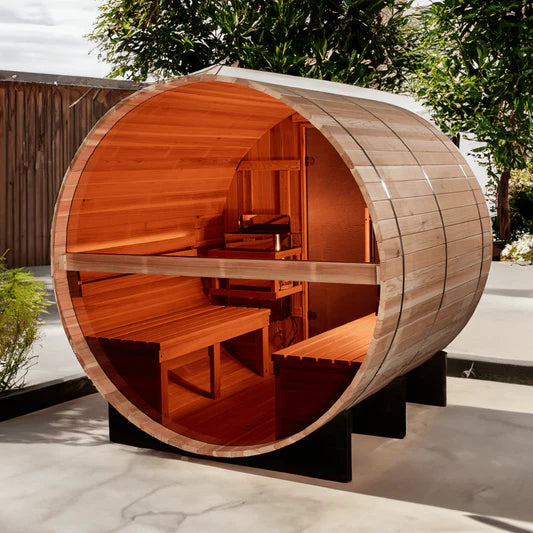 Golden Designs "Zurich" 4 Person Barrel with Bronze Privacy View - Traditional Steam Sauna - Pacific Cedar