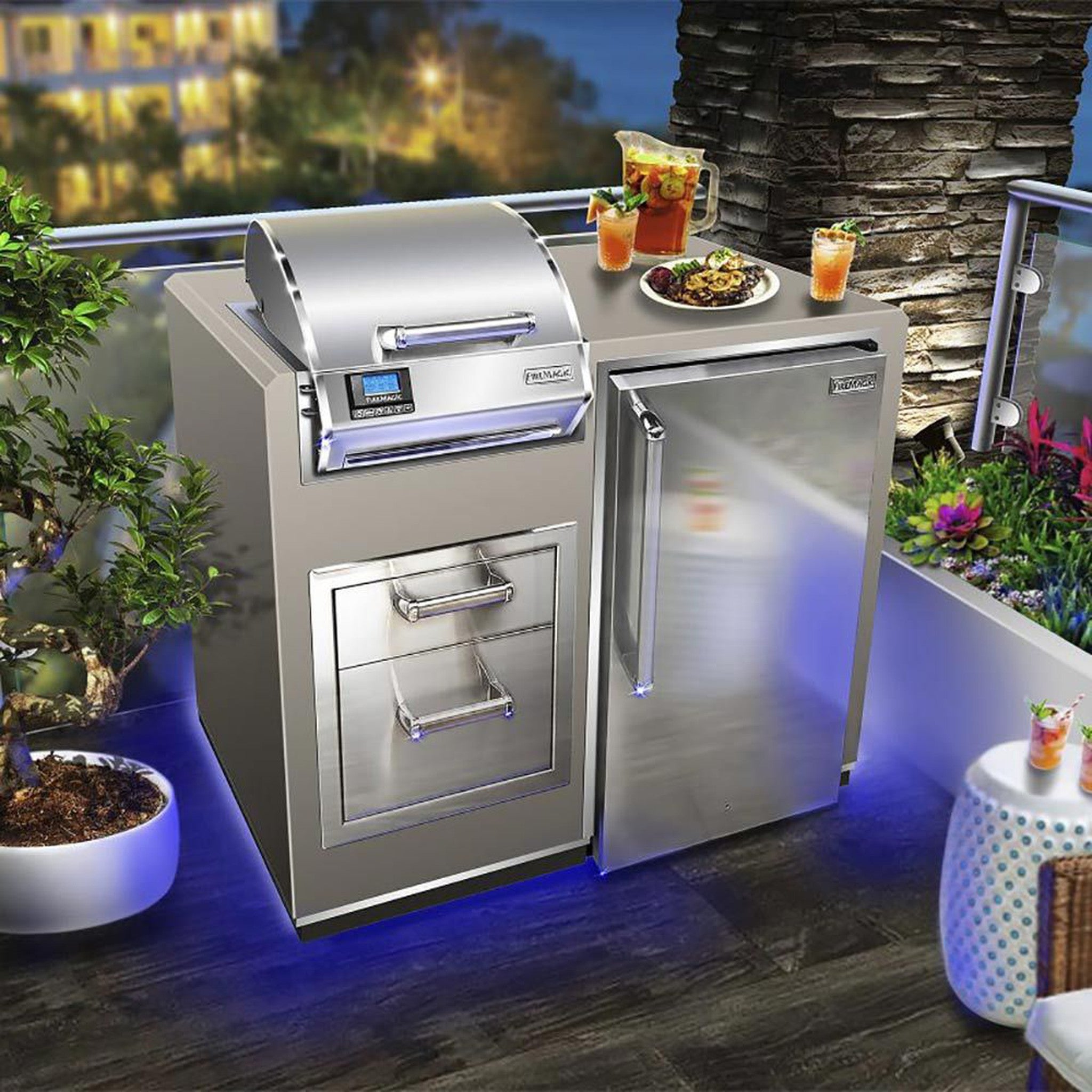 Fire Magic ID251-R-44SM Electric Grill Island Bundle with Refrigerator & Double Drawers, 36x44-Inch