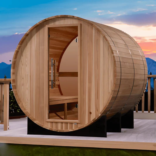 Golden Designs "Zurich" 4 Person Barrel with Bronze Privacy View - Traditional Steam Sauna - Pacific Cedar