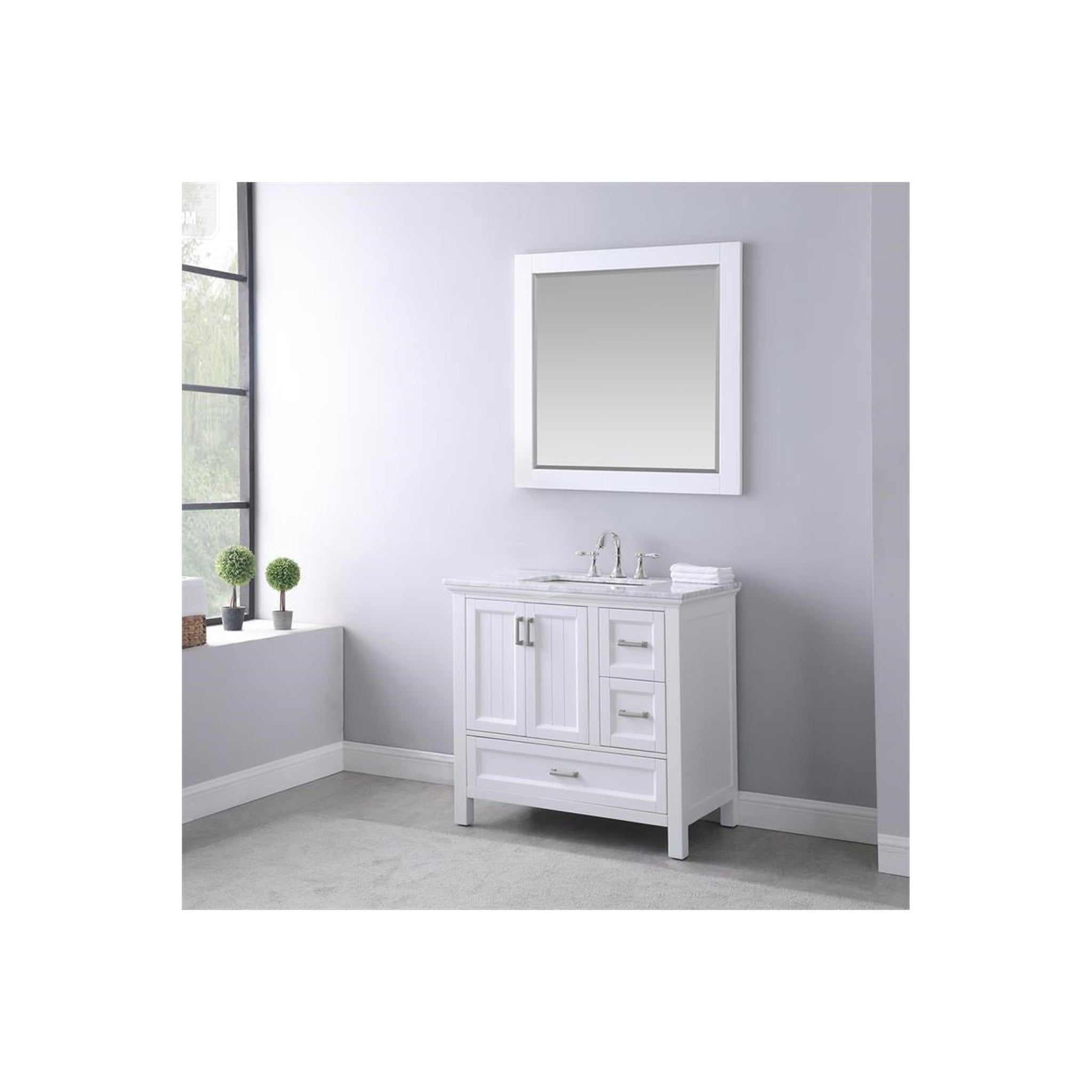 Isla 36" Single Bathroom Vanity Set in White and Carrara White Marble Countertop with Mirror