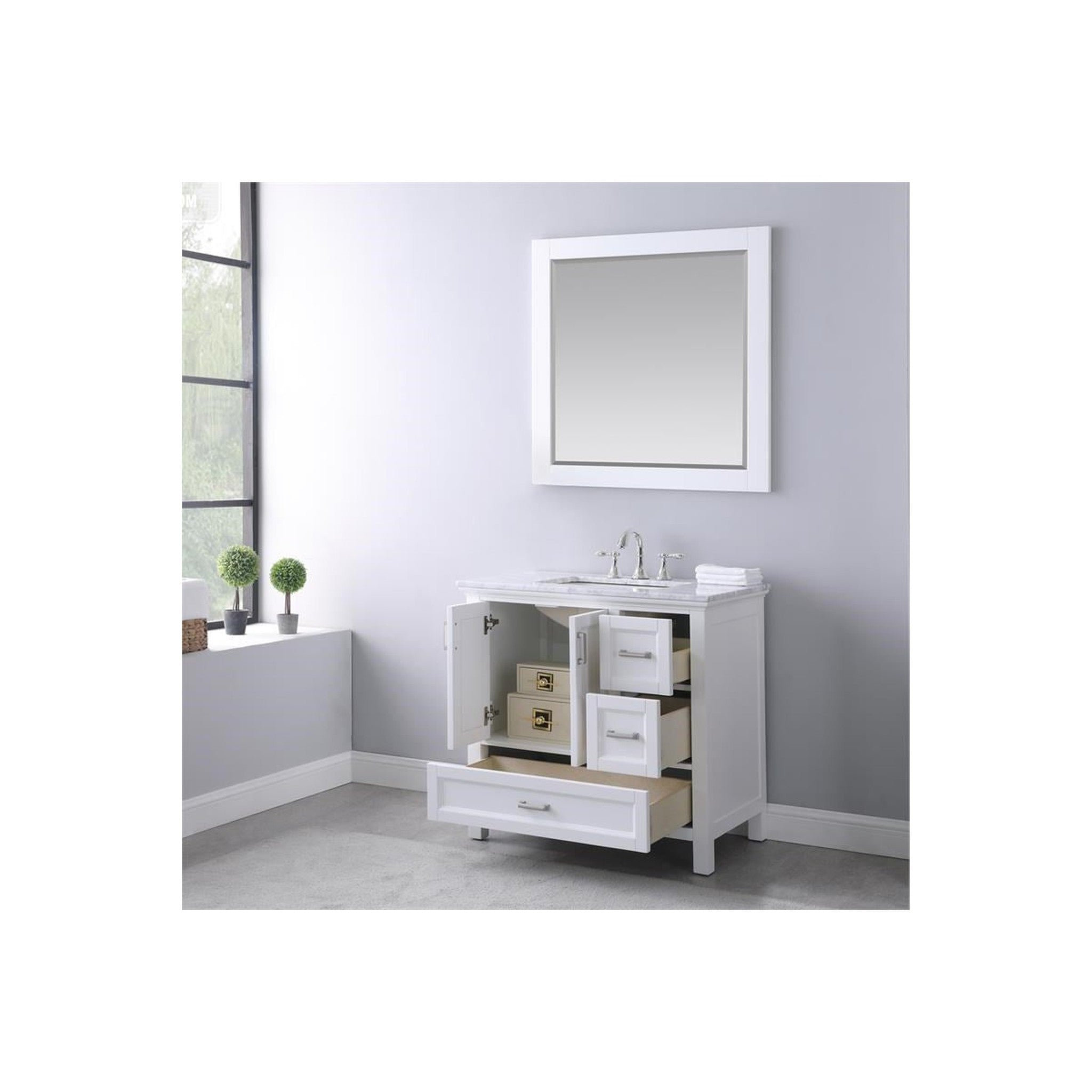 Isla 36" Single Bathroom Vanity Set in White and Carrara White Marble Countertop with Mirror