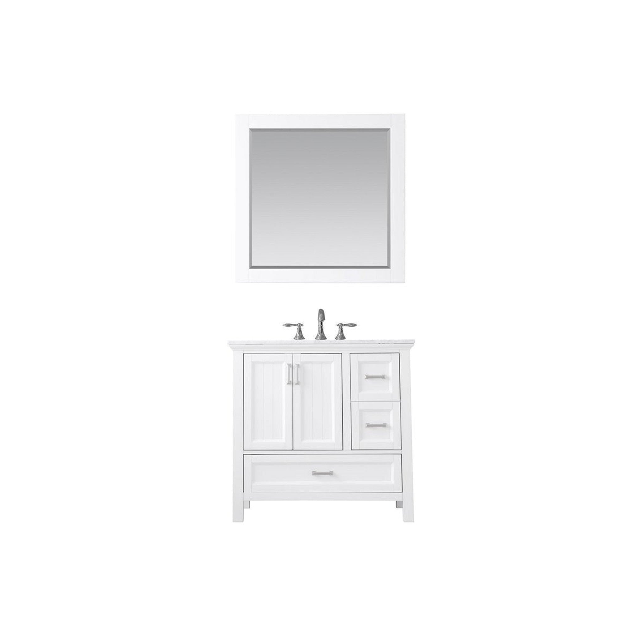 Isla 36" Single Bathroom Vanity Set in White and Carrara White Marble Countertop with Mirror