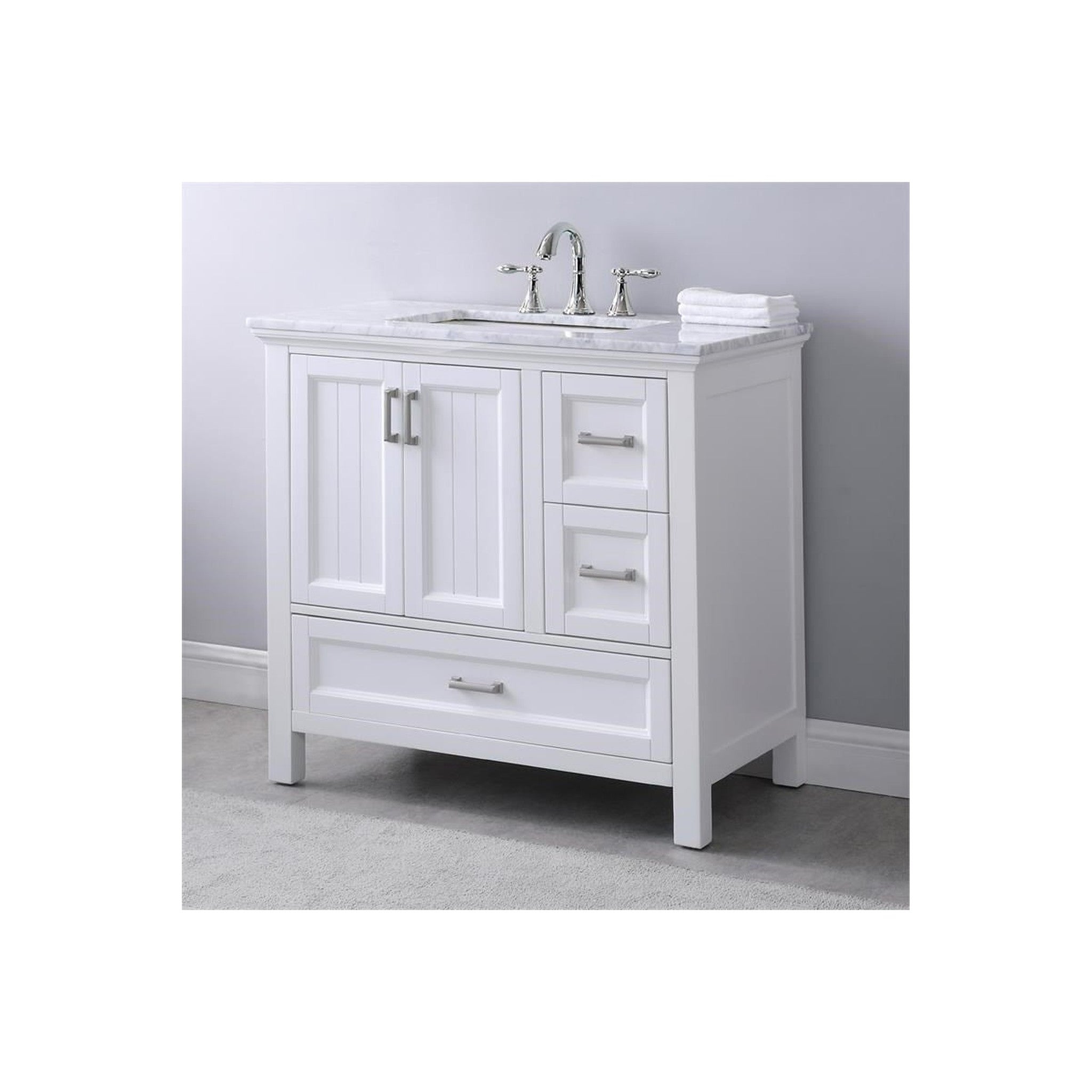 Isla 36" Single Bathroom Vanity Set in White and Carrara White Marble Countertop with Mirror