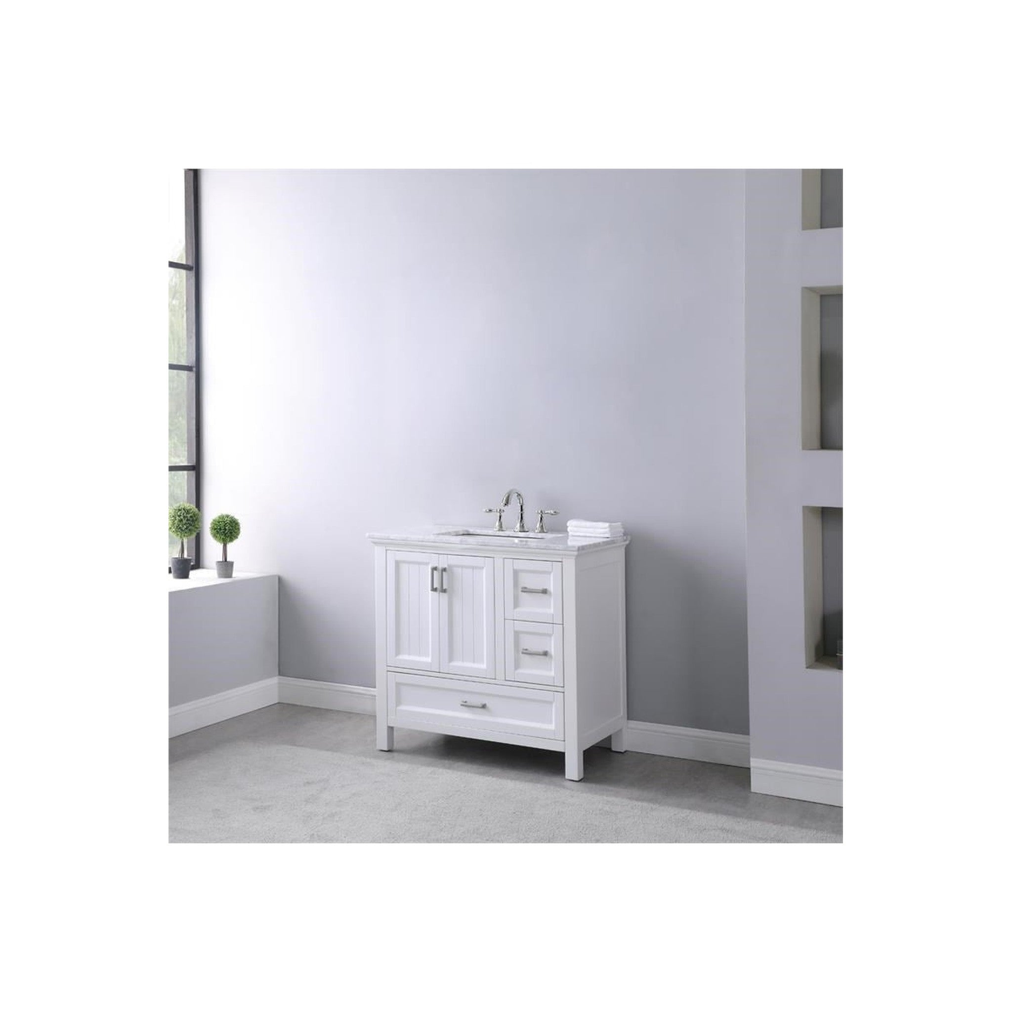 Isla 36" Single Bathroom Vanity Set in White and Carrara White Marble Countertop with Mirror