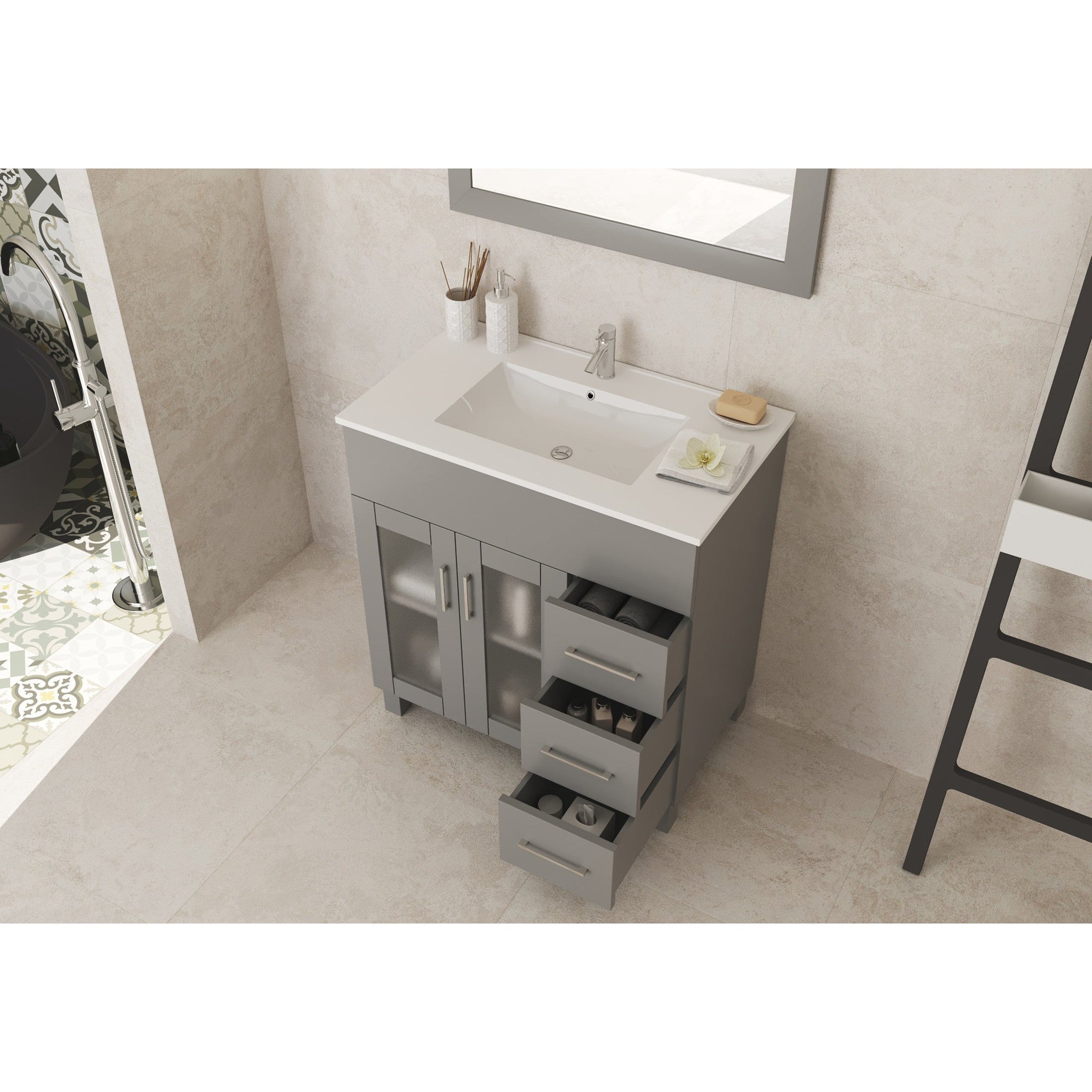 Nova 32" Grey Bathroom Vanity with White Ceramic Basin Countertop