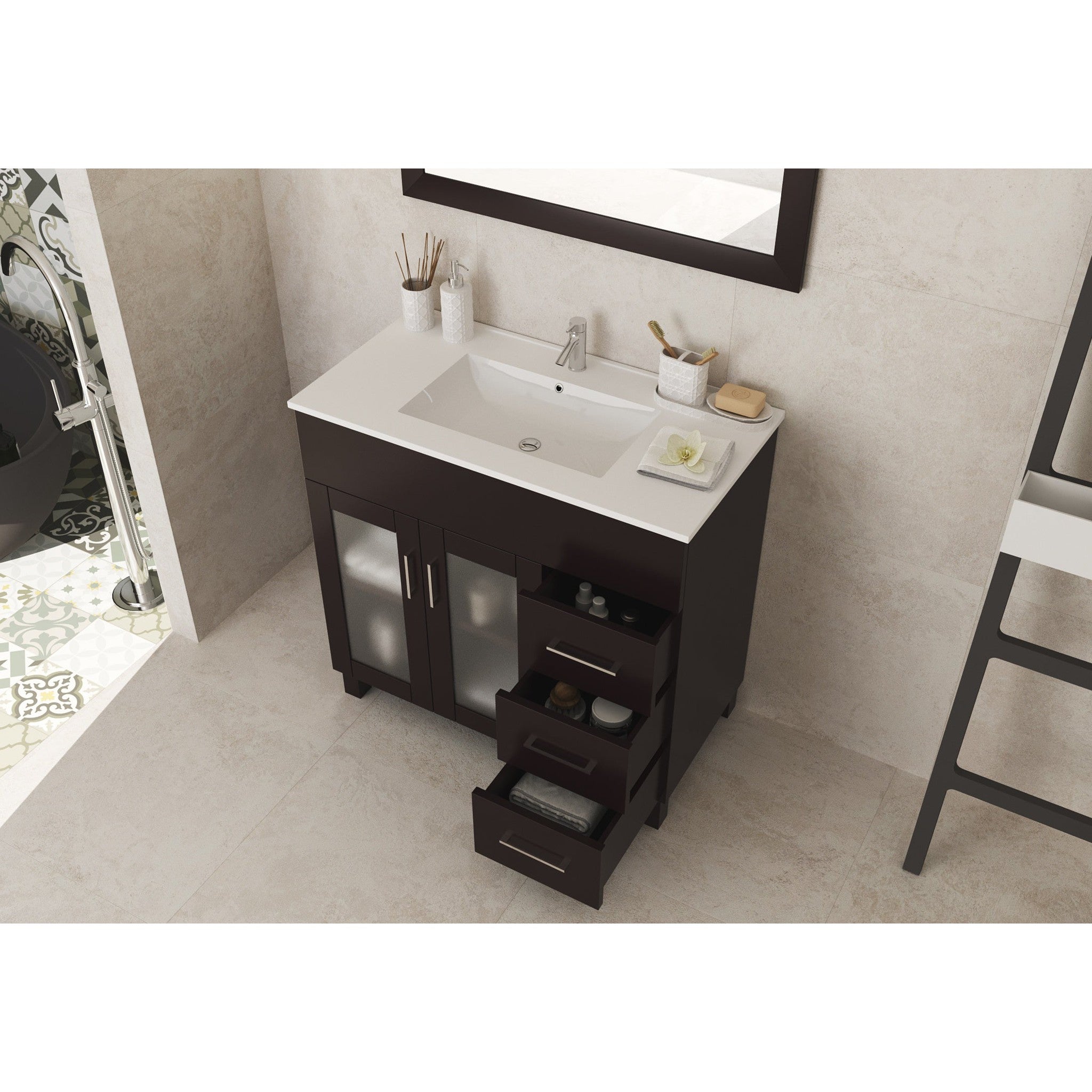 Nova 36" Brown Bathroom Vanity with White Ceramic Basin Countertop