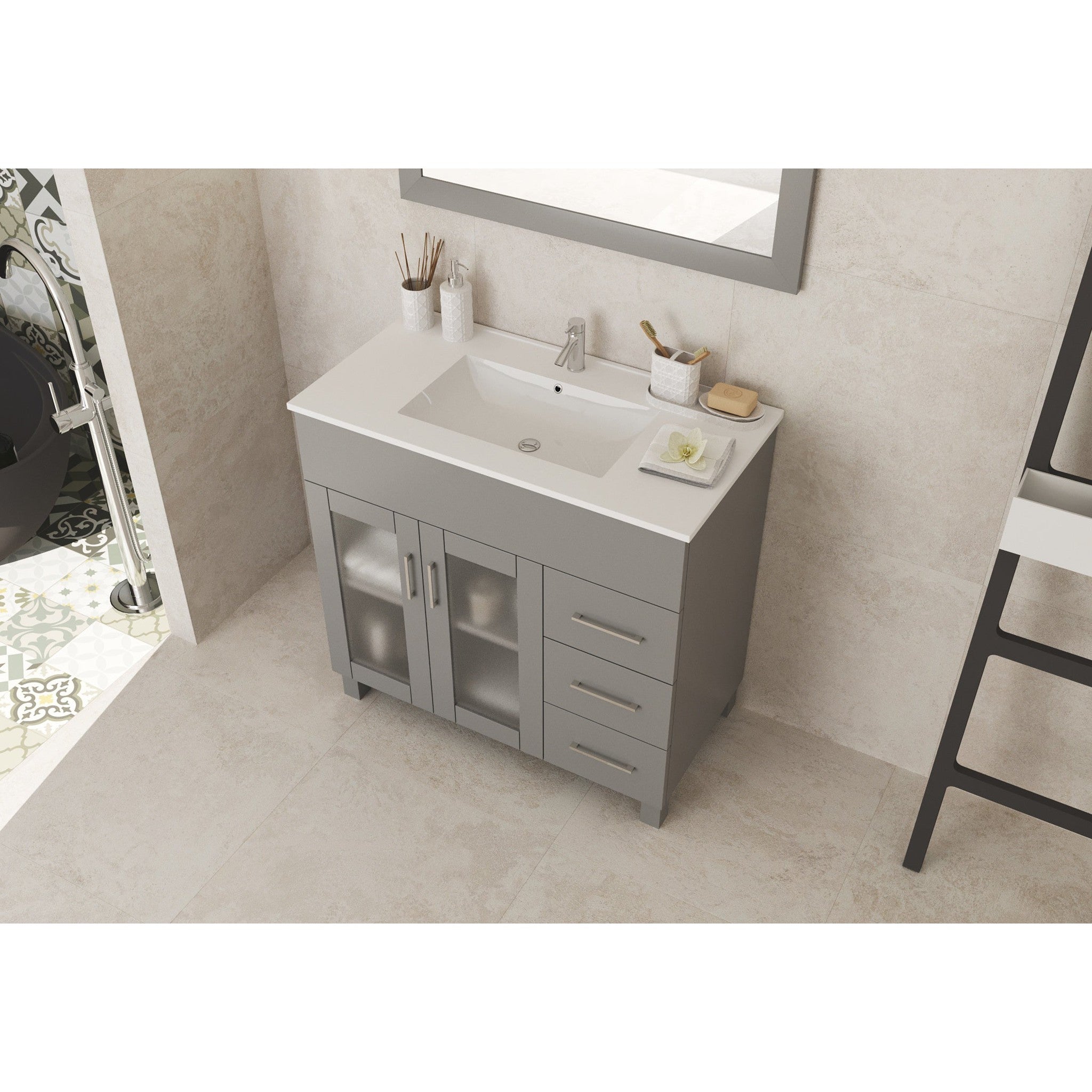 Nova 36" Grey Bathroom Vanity with White Ceramic Basin Countertop