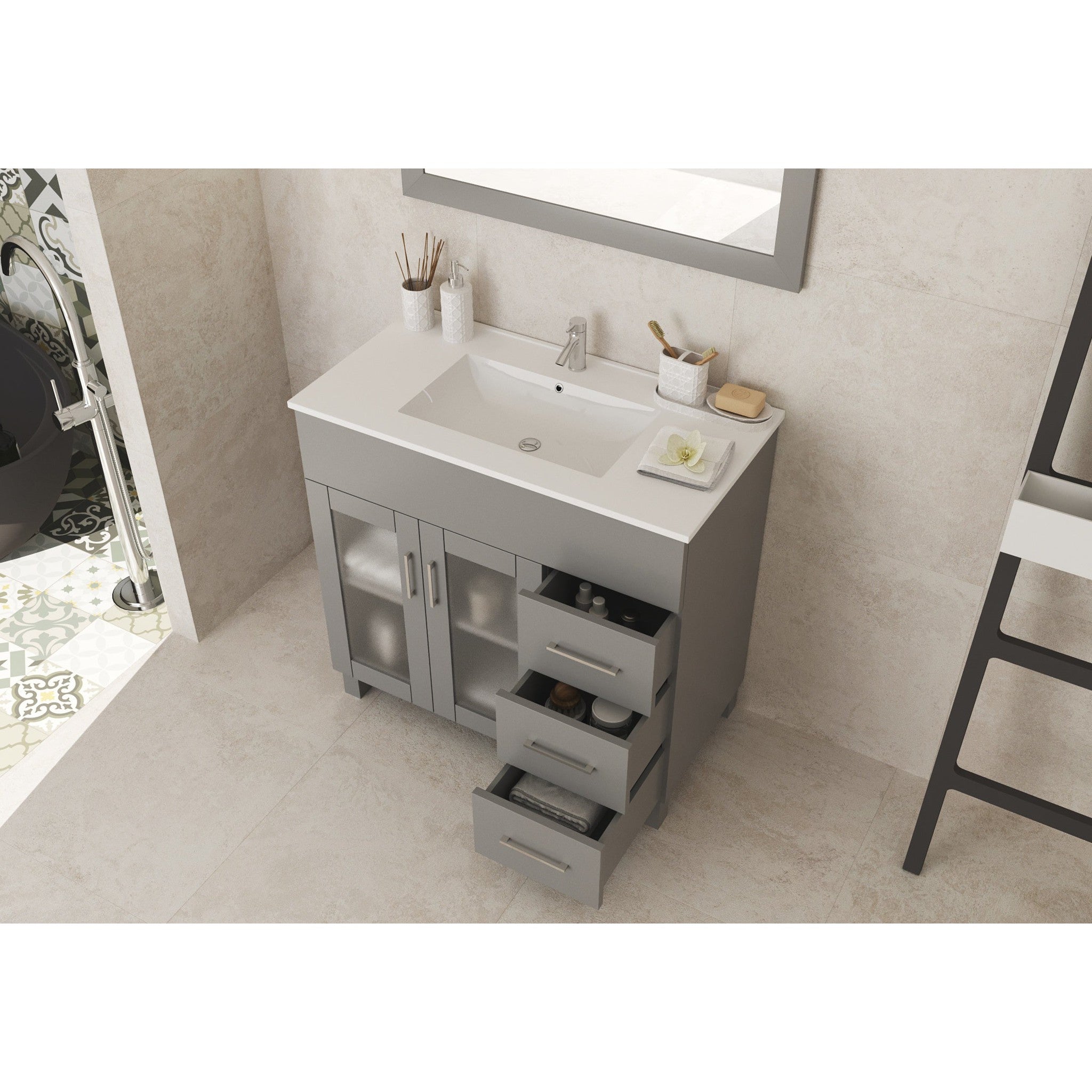 Nova 36" Grey Bathroom Vanity with White Ceramic Basin Countertop