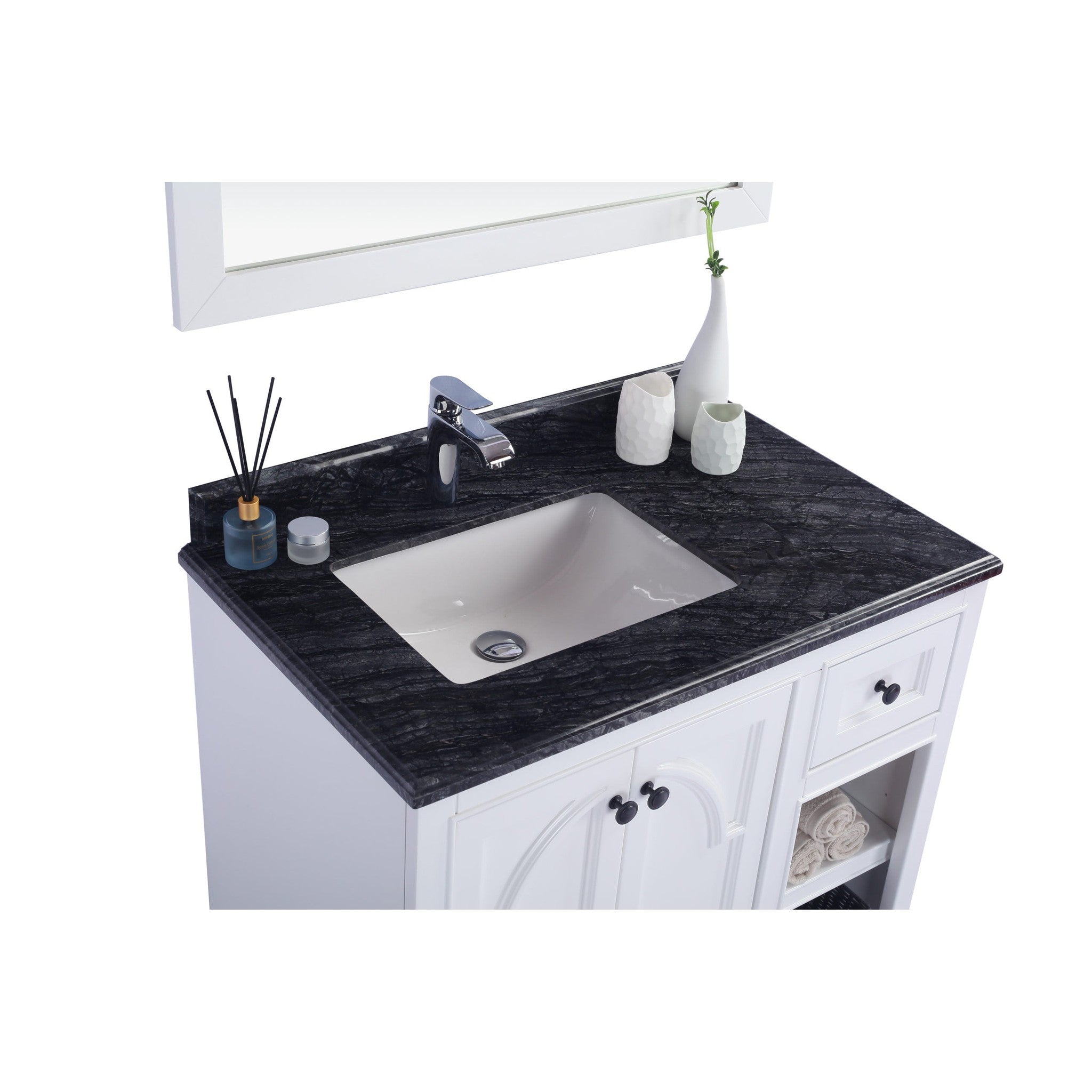 Odyssey 36" White Bathroom Vanity with Black Wood Marble Countertop