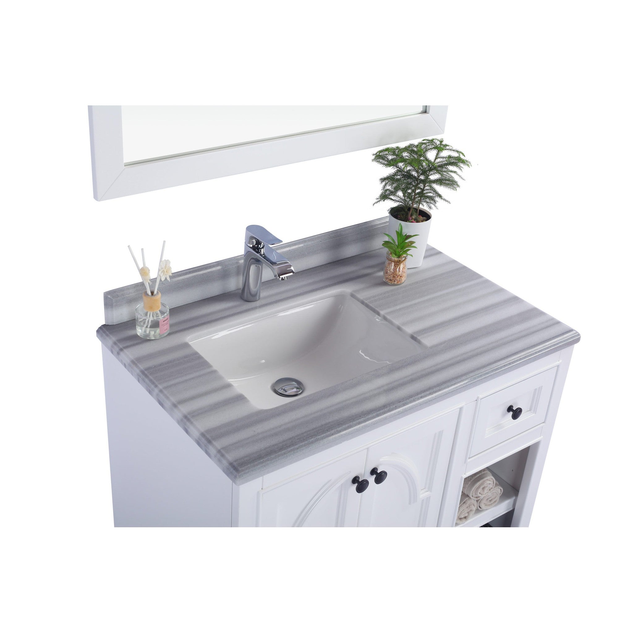 Odyssey 36" White Bathroom Vanity with White Stripes Marble Countertop