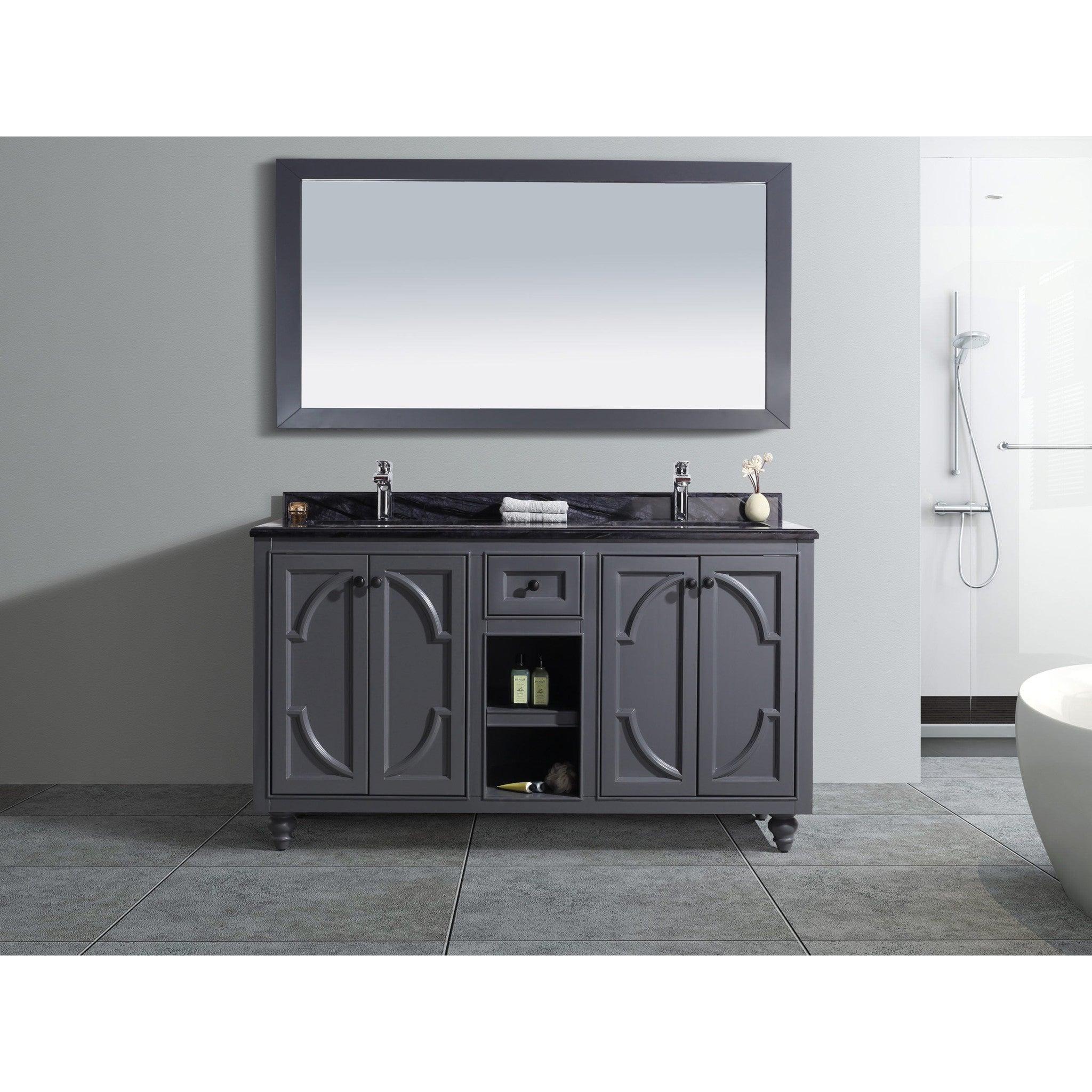 Odyssey 60" Maple Grey Double Sink Bathroom Vanity with Black Wood Marble Countertop