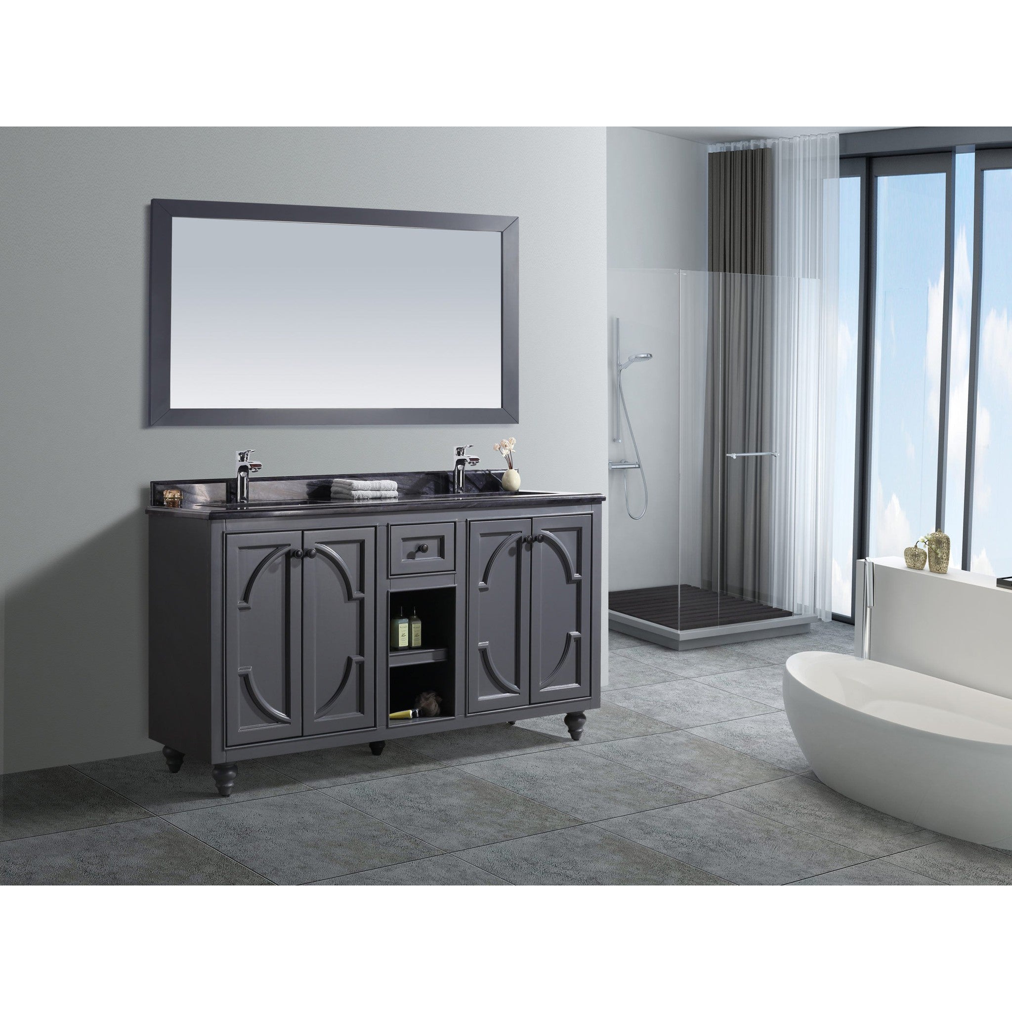 Odyssey 60" Maple Grey Double Sink Bathroom Vanity with Black Wood Marble Countertop