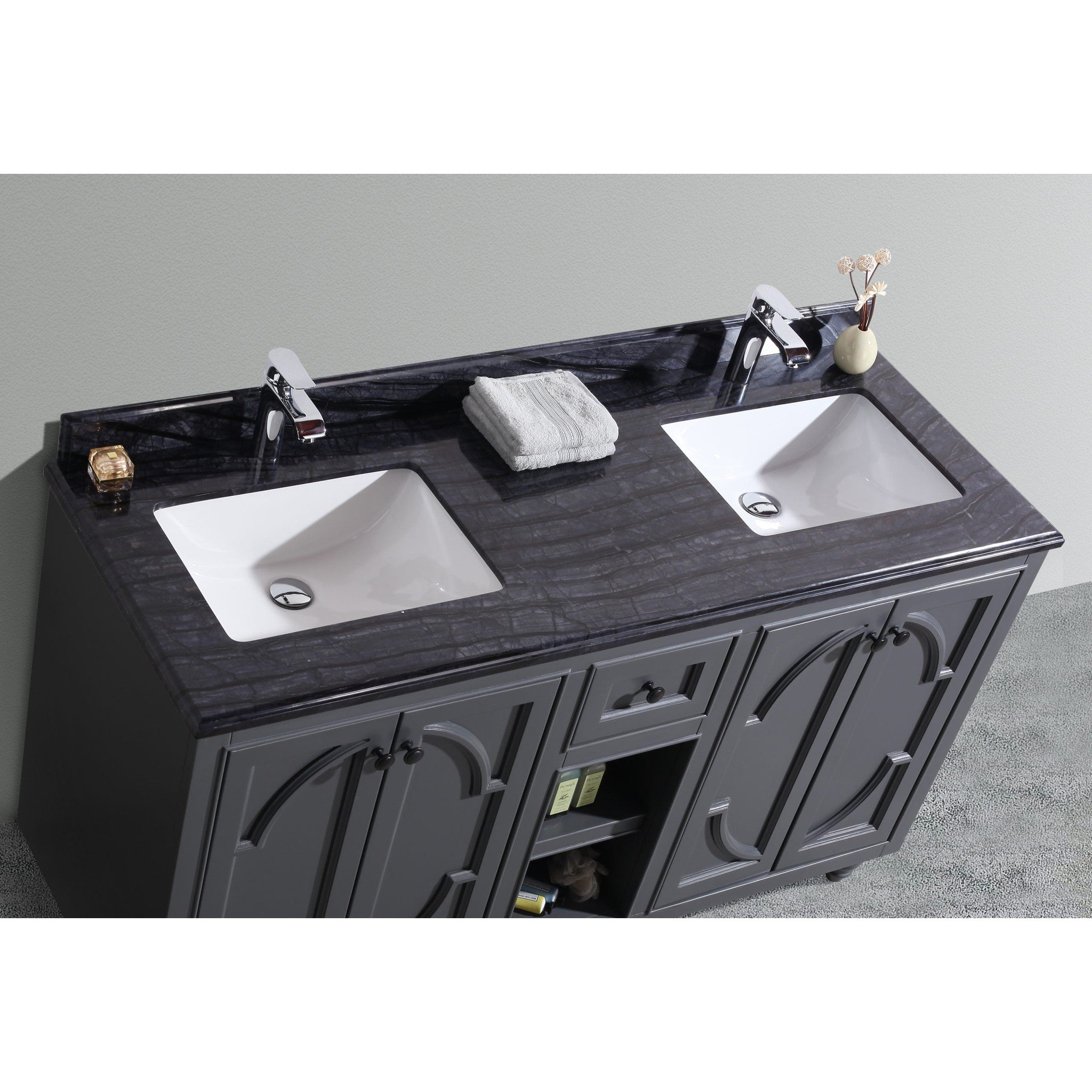 Odyssey 60" Maple Grey Double Sink Bathroom Vanity with Black Wood Marble Countertop