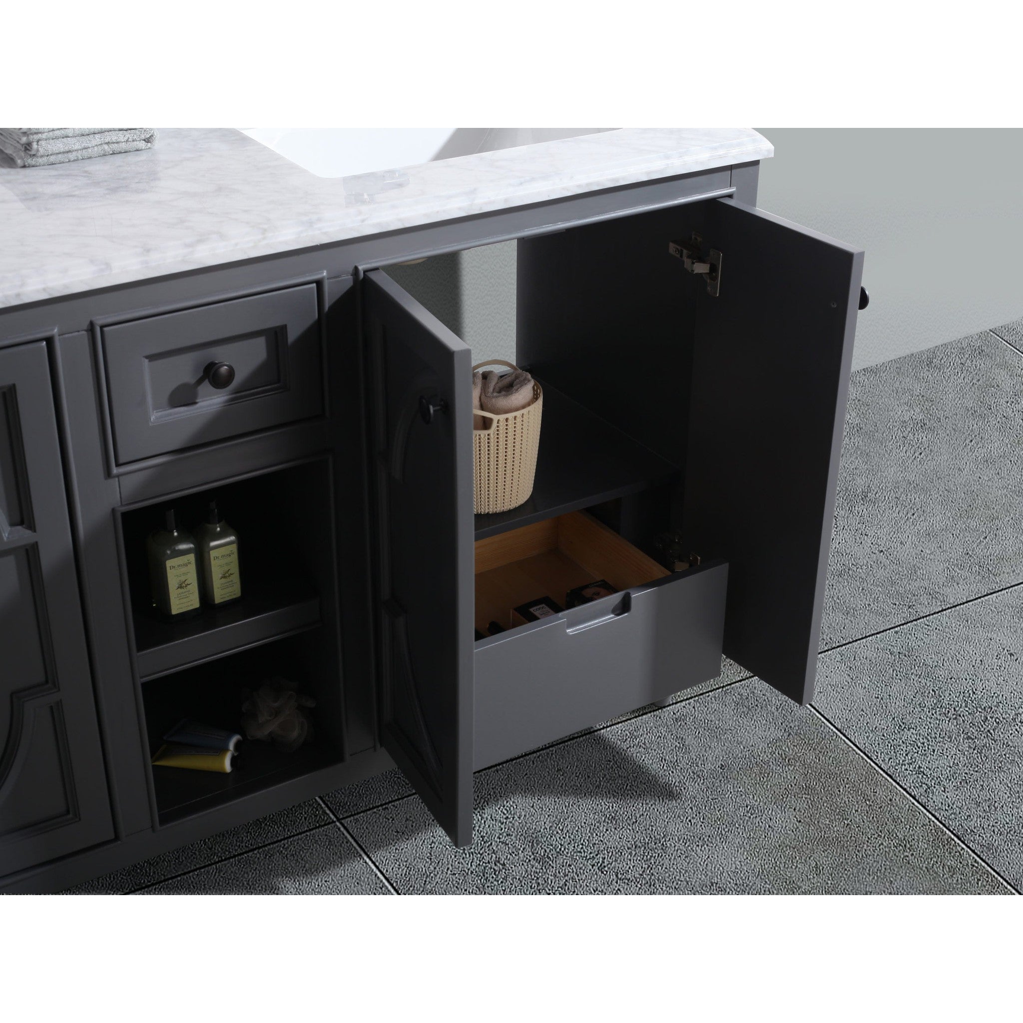 Odyssey 60" Maple Grey Double Sink Bathroom Vanity with Black Wood Marble Countertop