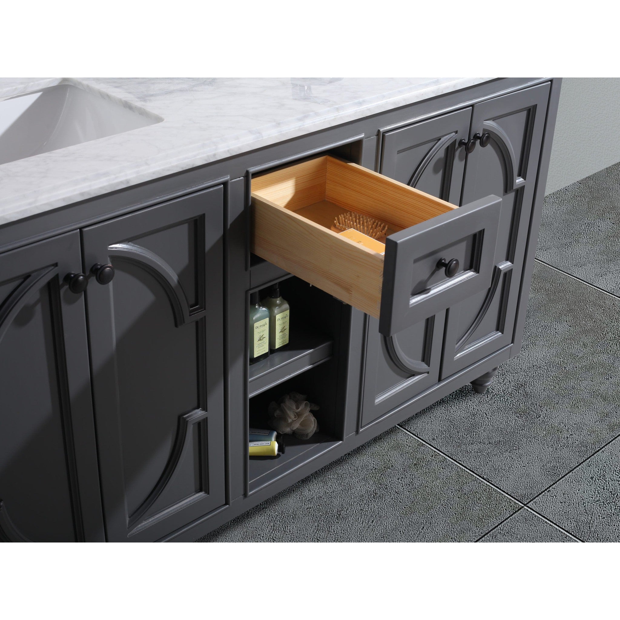 Odyssey 60" Maple Grey Double Sink Bathroom Vanity with Black Wood Marble Countertop