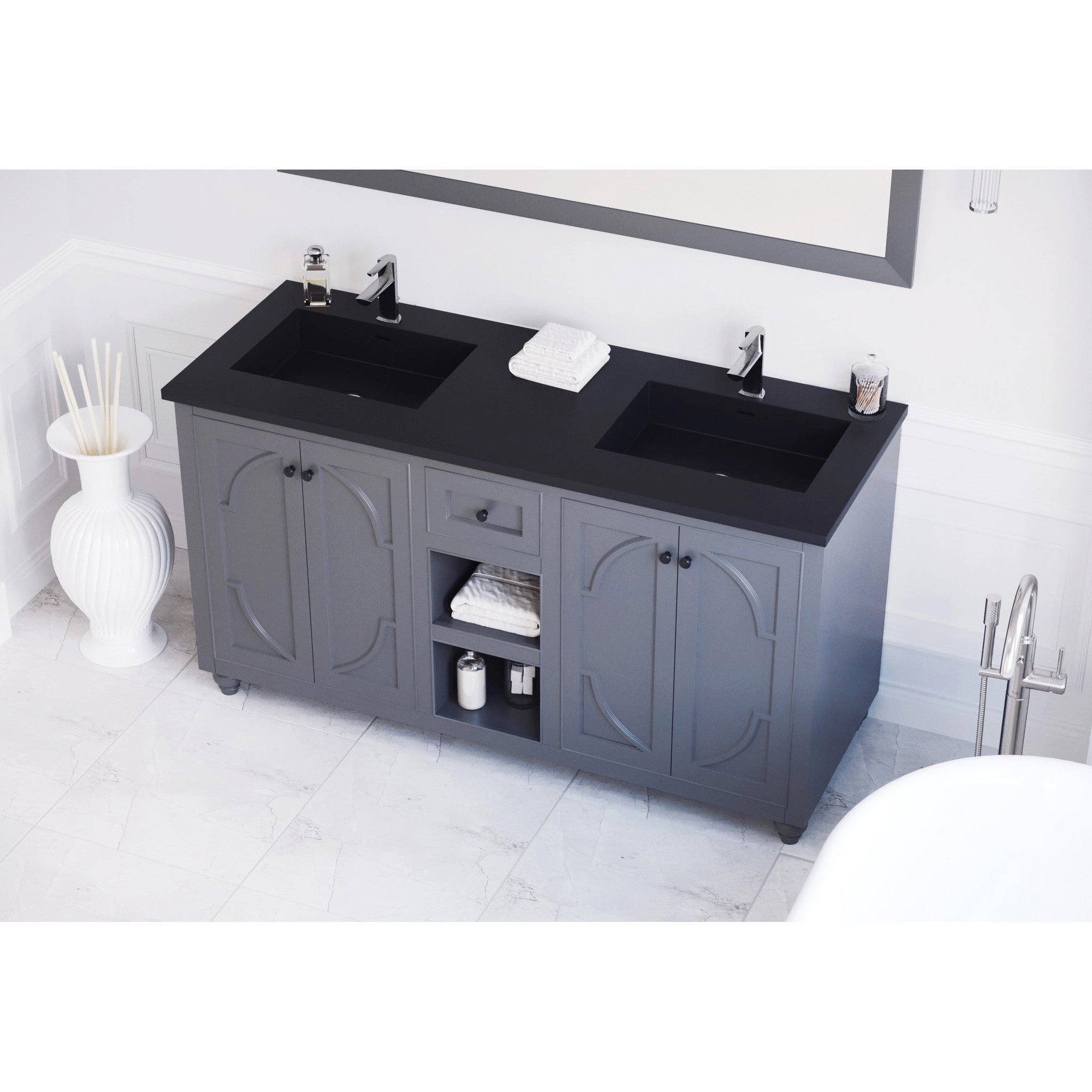 Odyssey 60" Maple Grey Double Sink Bathroom Vanity with Matte Black VIVA Stone Solid Surface Countertop