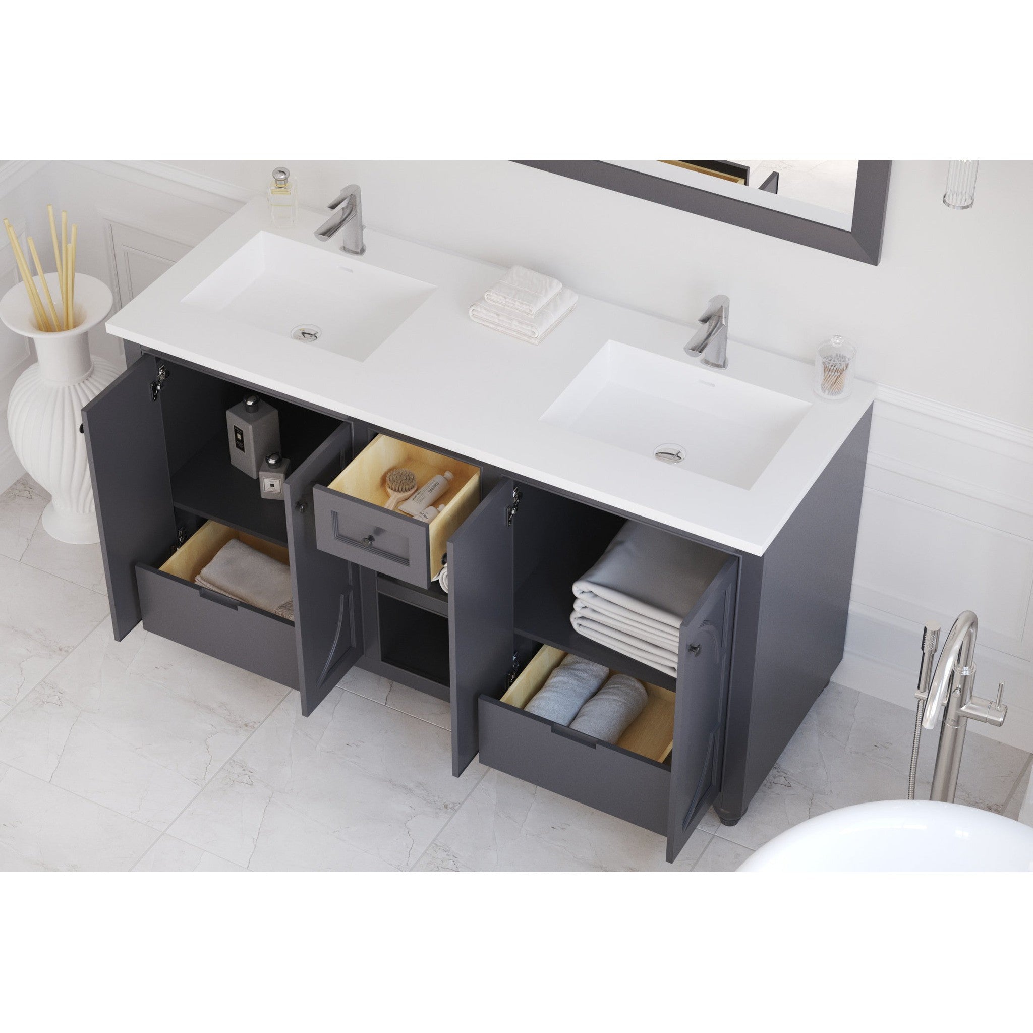 Odyssey 60" Maple Grey Double Sink Bathroom Vanity with Matte White VIVA Stone Solid Surface Countertop