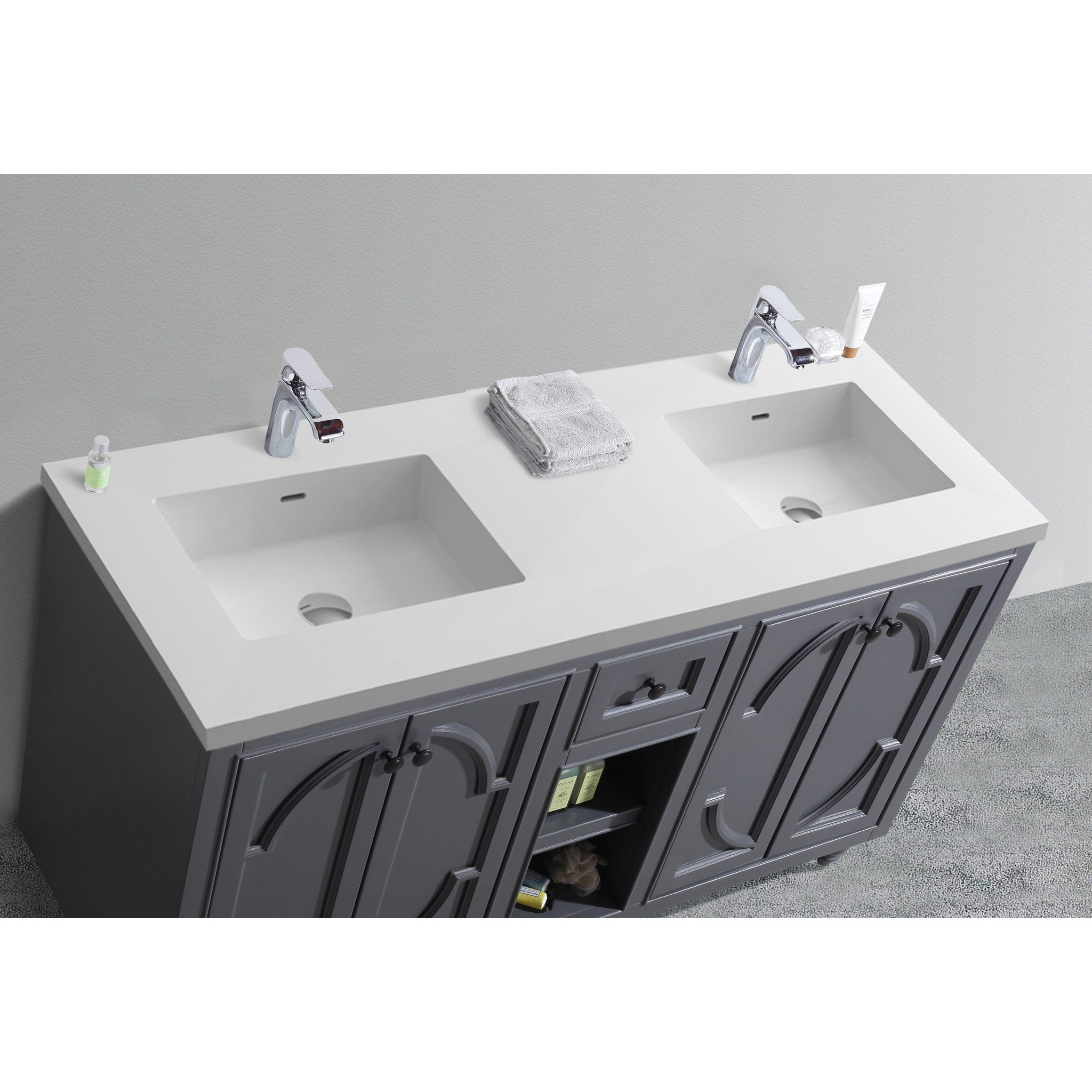 Odyssey 60" Maple Grey Double Sink Bathroom Vanity with Matte White VIVA Stone Solid Surface Countertop