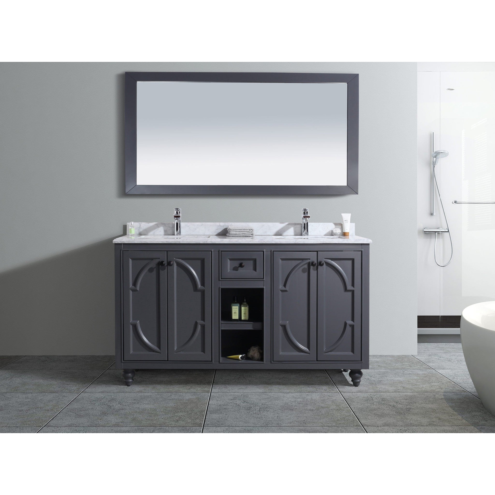 Odyssey 60" Maple Grey Double Sink Bathroom Vanity with White Carrara Marble Countertop