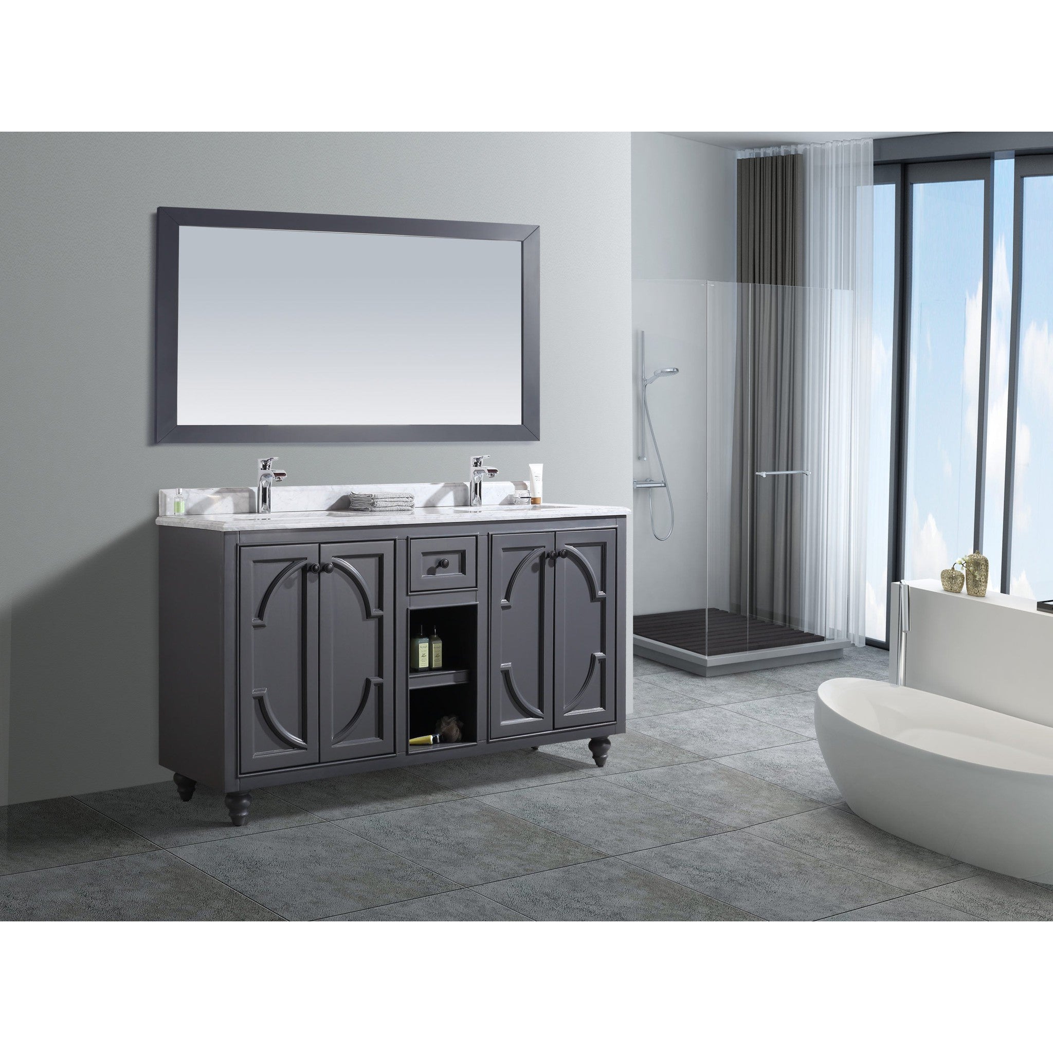 Odyssey 60" Maple Grey Double Sink Bathroom Vanity with White Carrara Marble Countertop