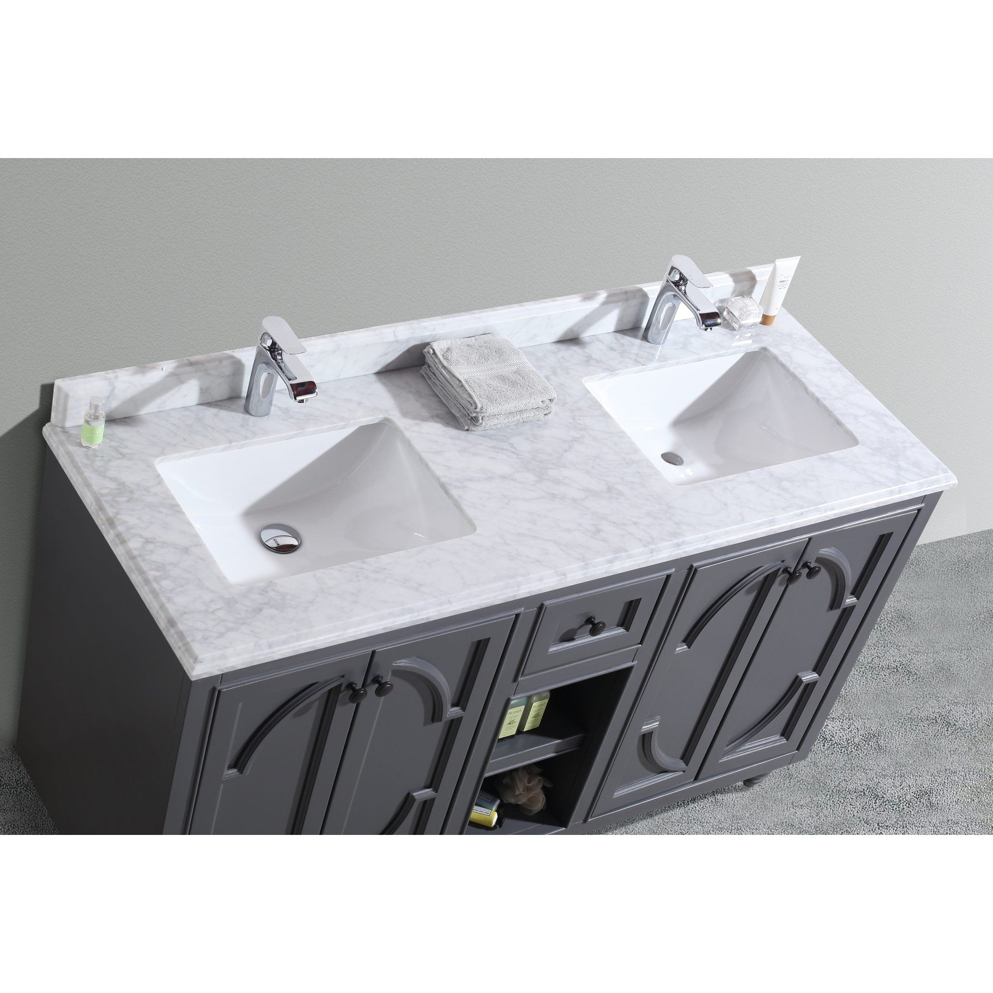 Odyssey 60" Maple Grey Double Sink Bathroom Vanity with White Carrara Marble Countertop