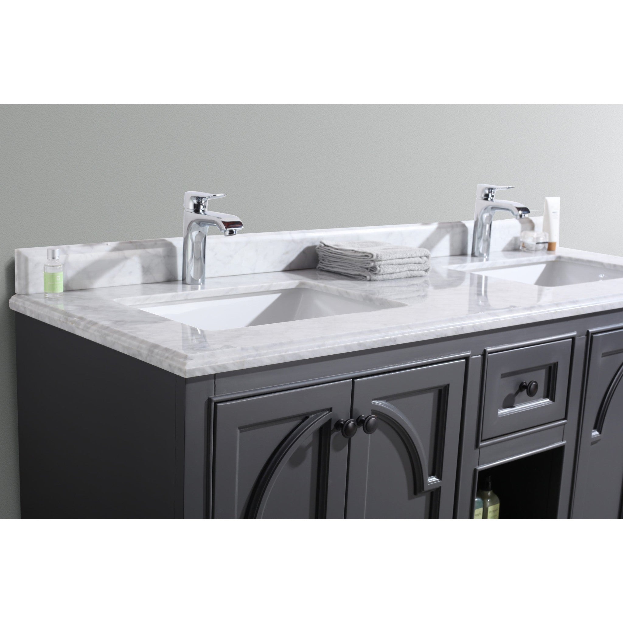 Odyssey 60" Maple Grey Double Sink Bathroom Vanity with White Carrara Marble Countertop