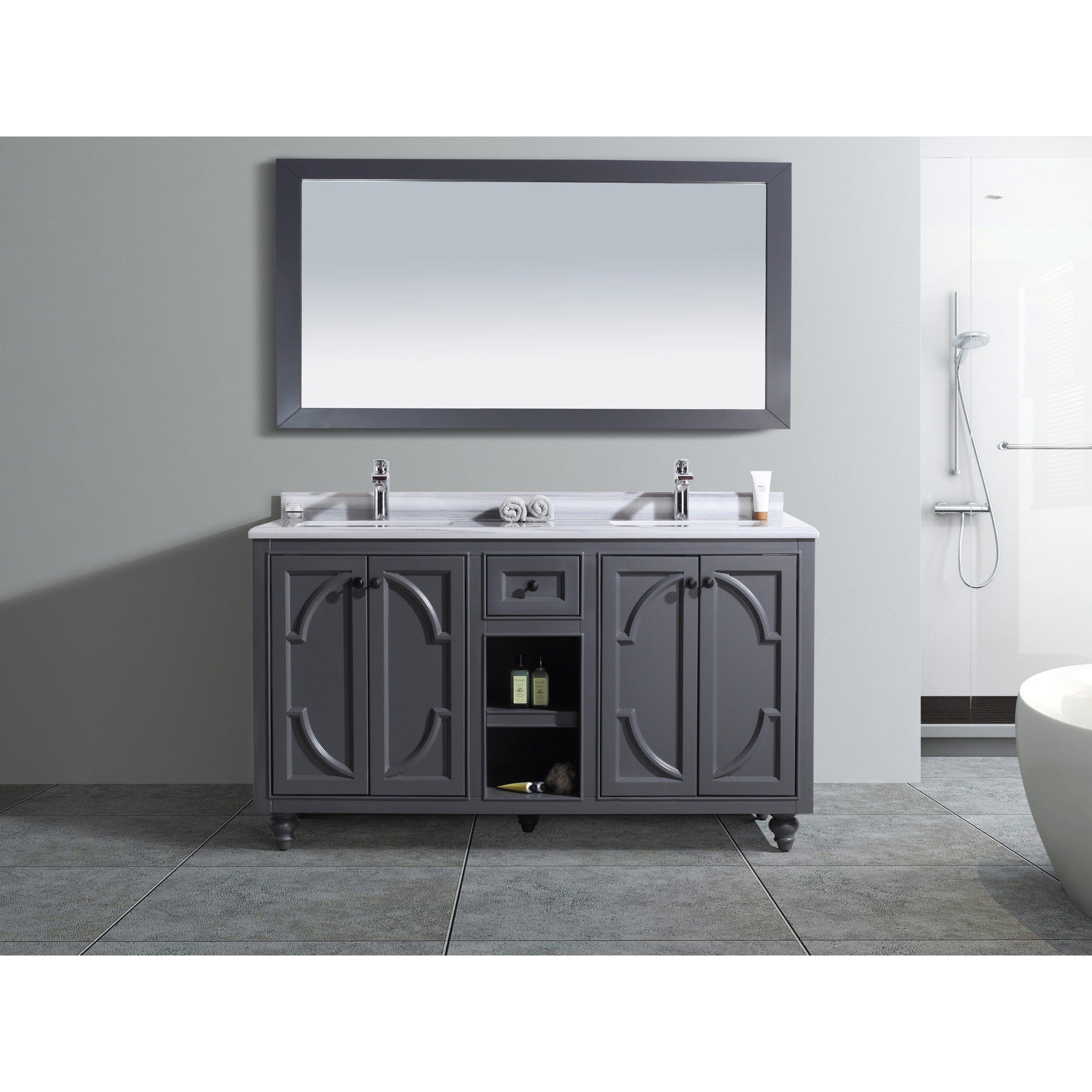 Odyssey 60" Maple Grey Double Sink Bathroom Vanity with White Stripes Marble Countertop