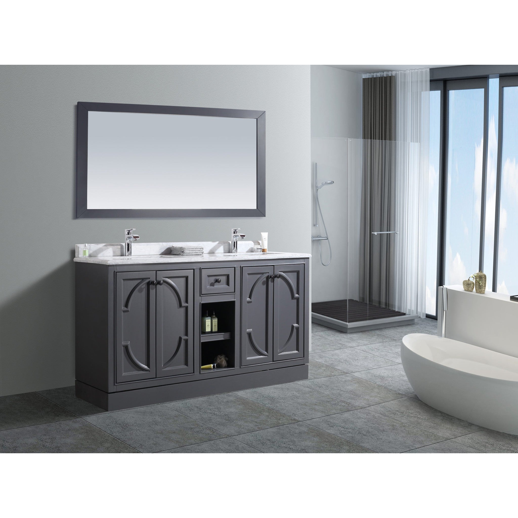 Odyssey 60" Maple Grey Double Sink Bathroom Vanity with White Stripes Marble Countertop