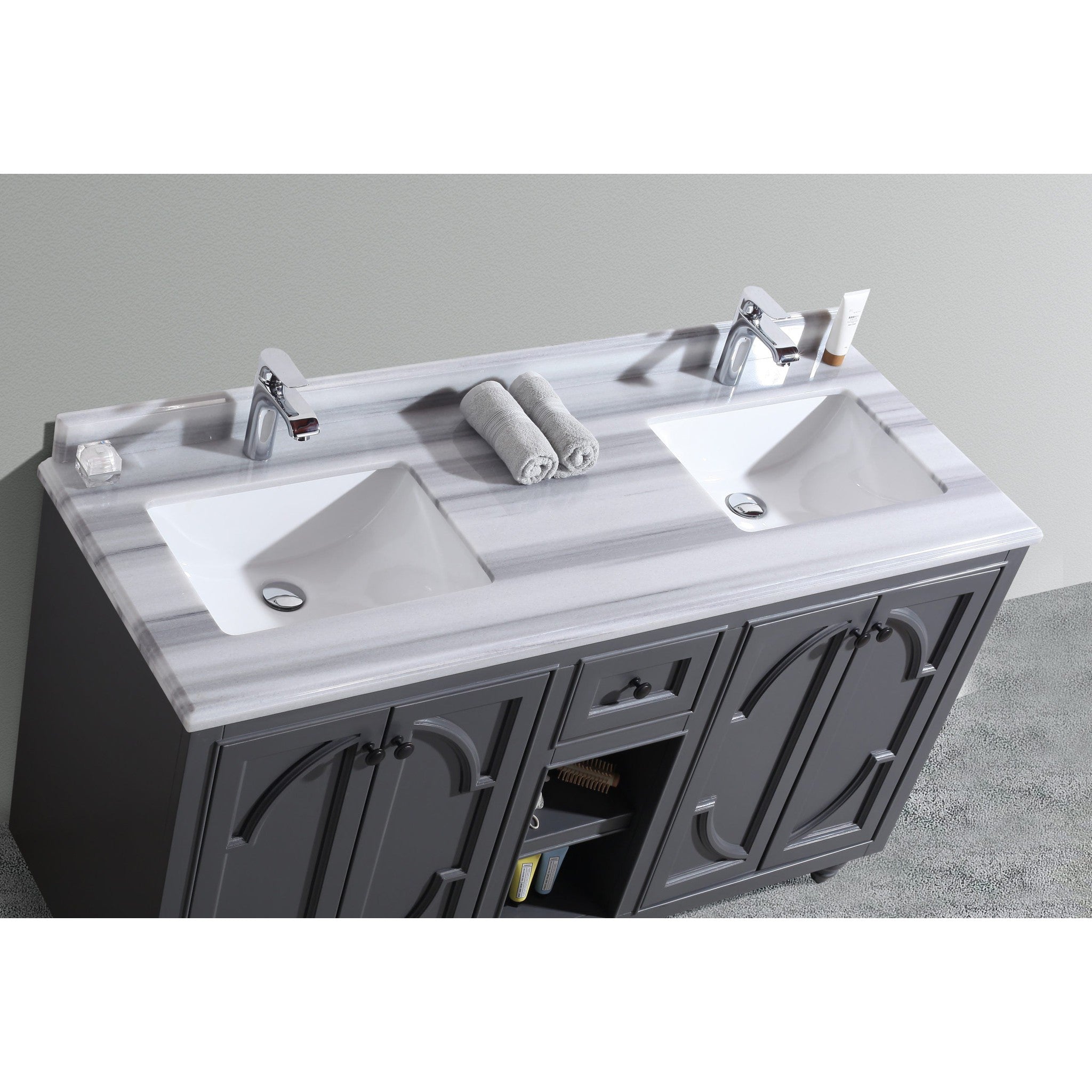 Odyssey 60" Maple Grey Double Sink Bathroom Vanity with White Stripes Marble Countertop