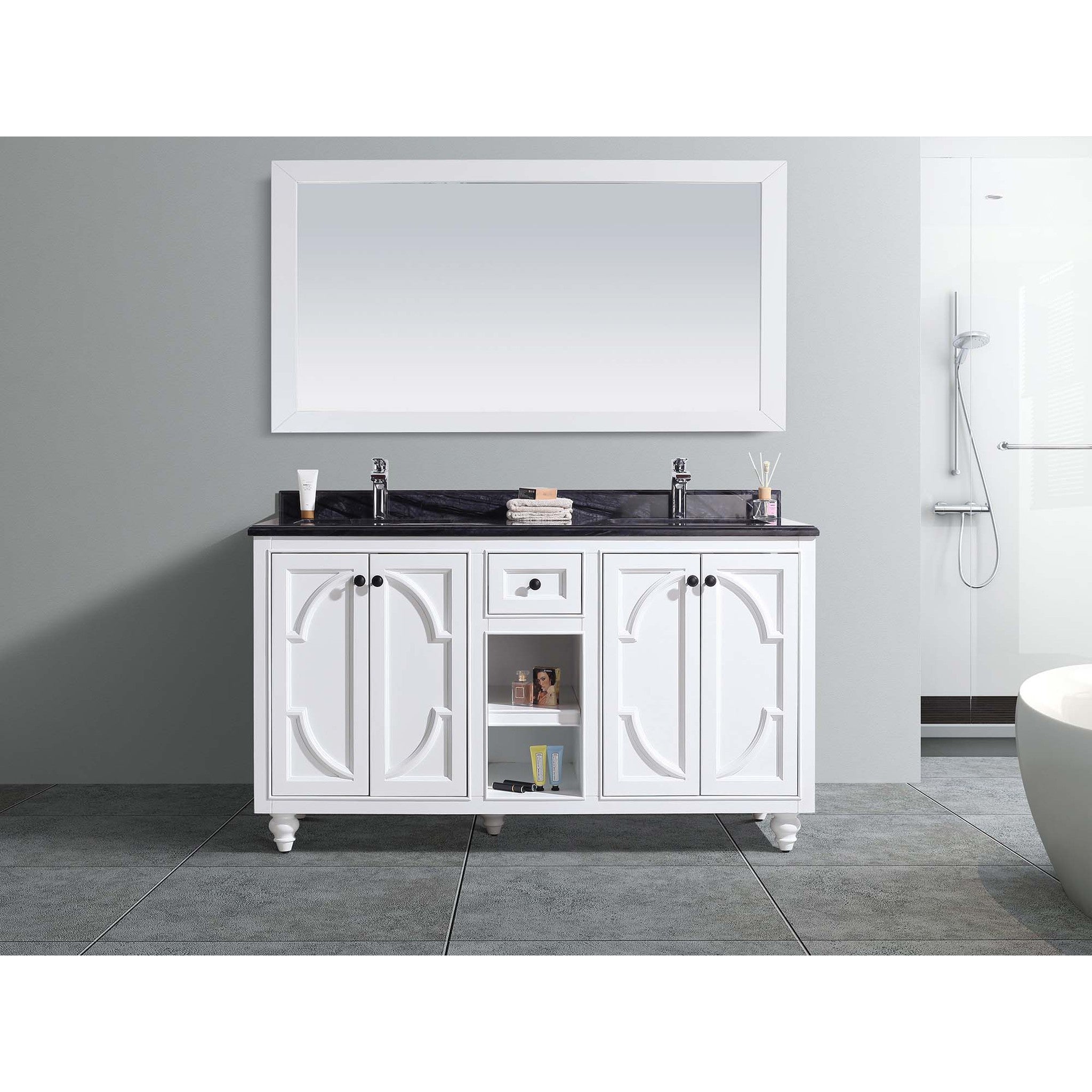 Odyssey 60" White Double Sink Bathroom Vanity with Black Wood Marble Countertop