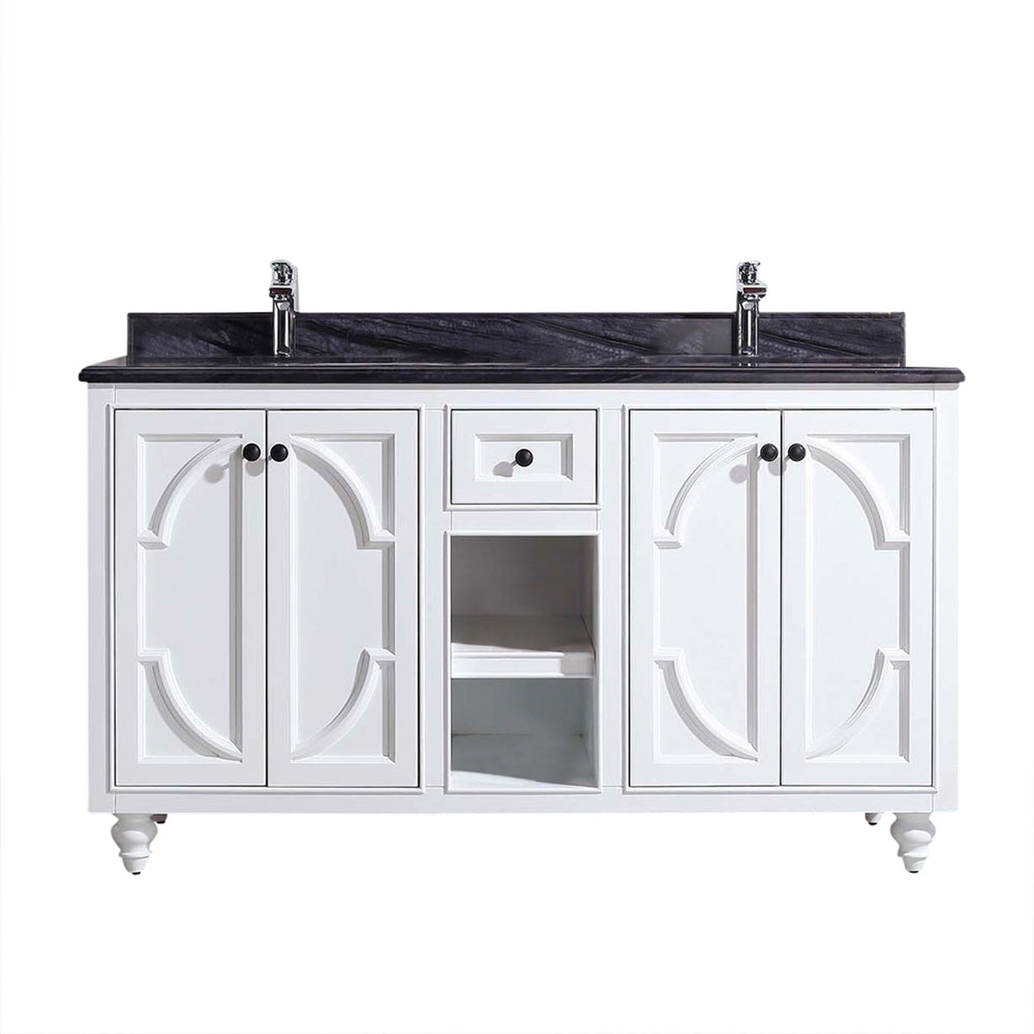 Odyssey 60" White Double Sink Bathroom Vanity with Black Wood Marble Countertop