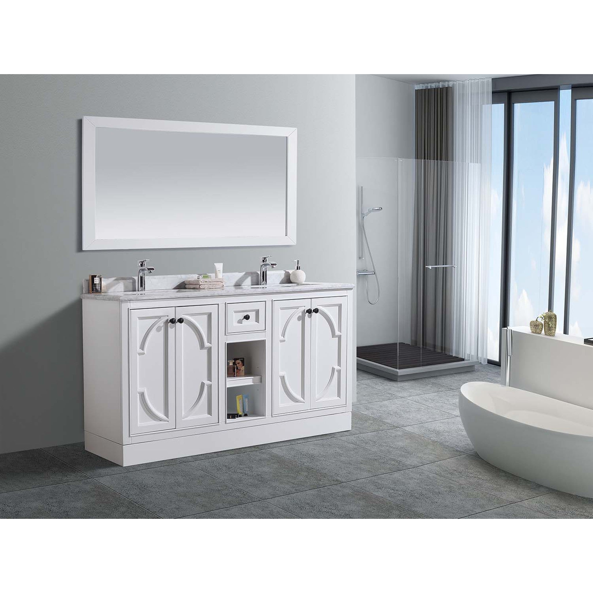 Odyssey 60" White Double Sink Bathroom Vanity with Black Wood Marble Countertop