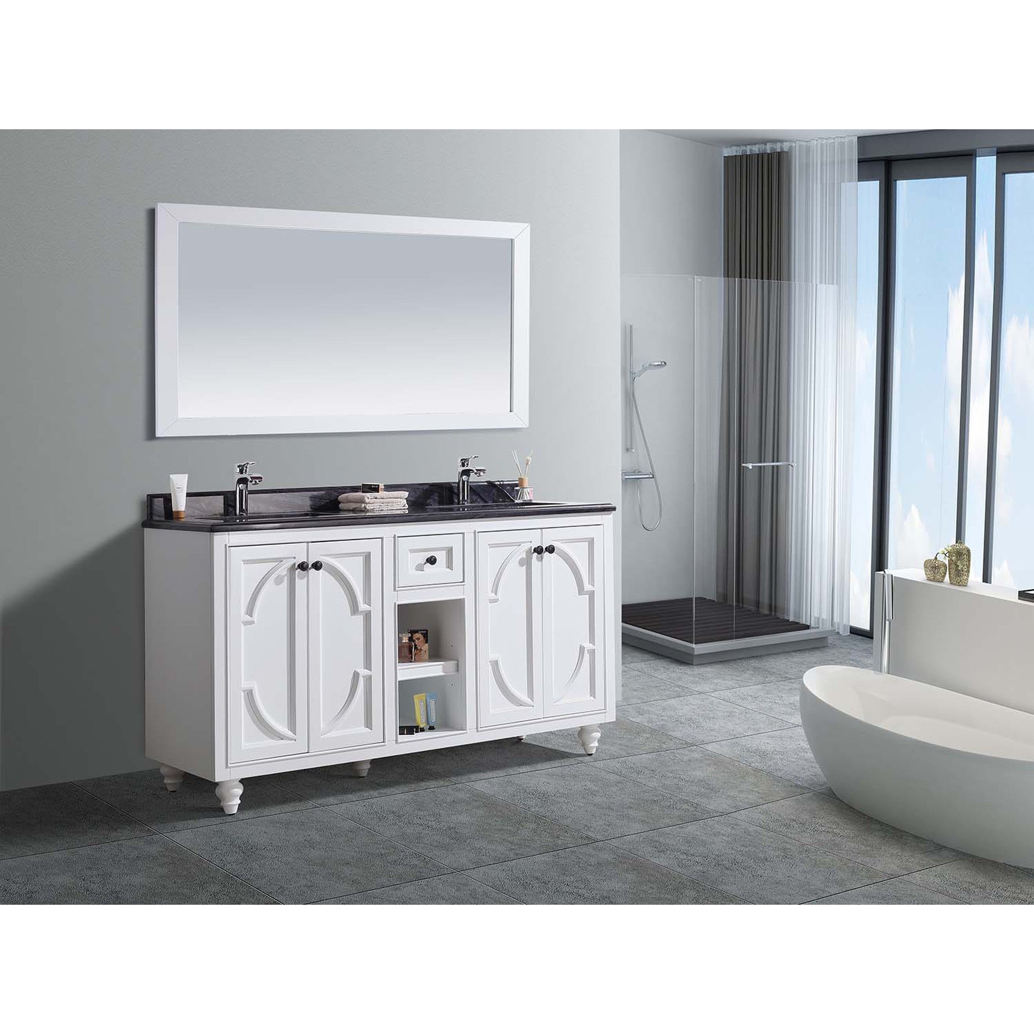 Odyssey 60" White Double Sink Bathroom Vanity with Black Wood Marble Countertop