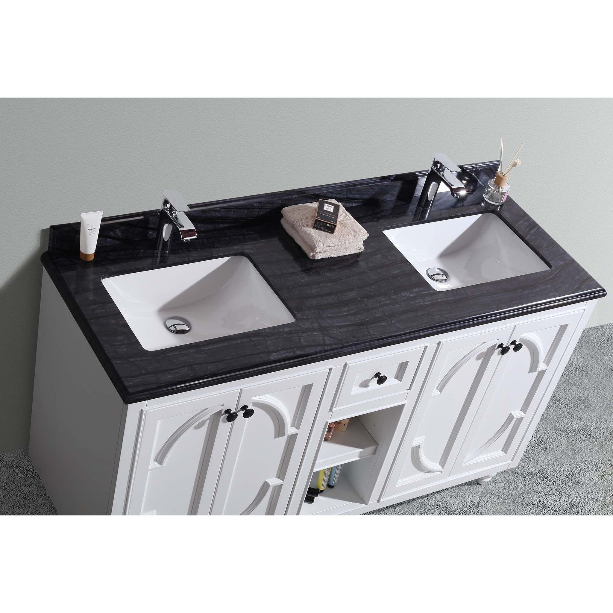 Odyssey 60" White Double Sink Bathroom Vanity with Black Wood Marble Countertop