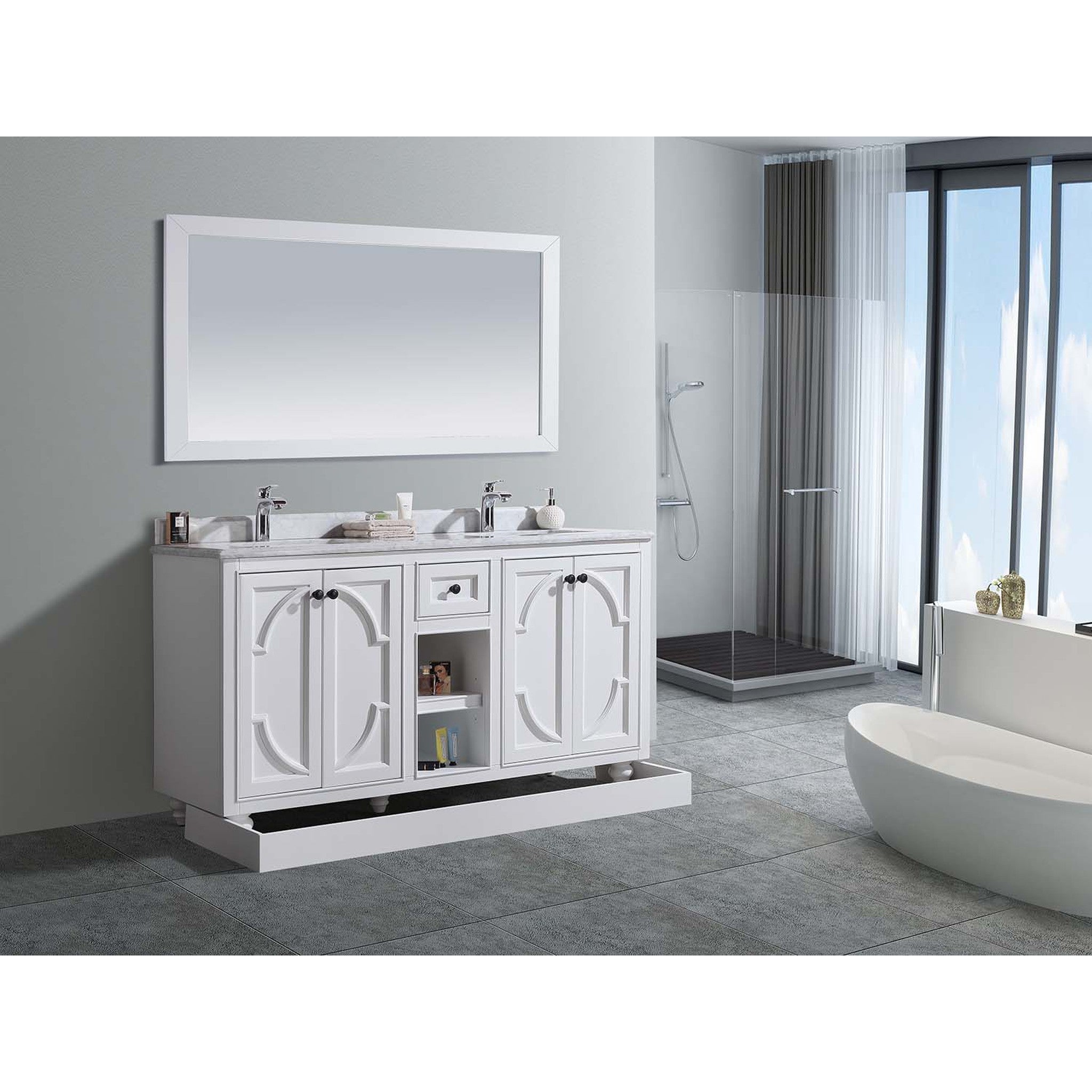 Odyssey 60" White Double Sink Bathroom Vanity with Black Wood Marble Countertop