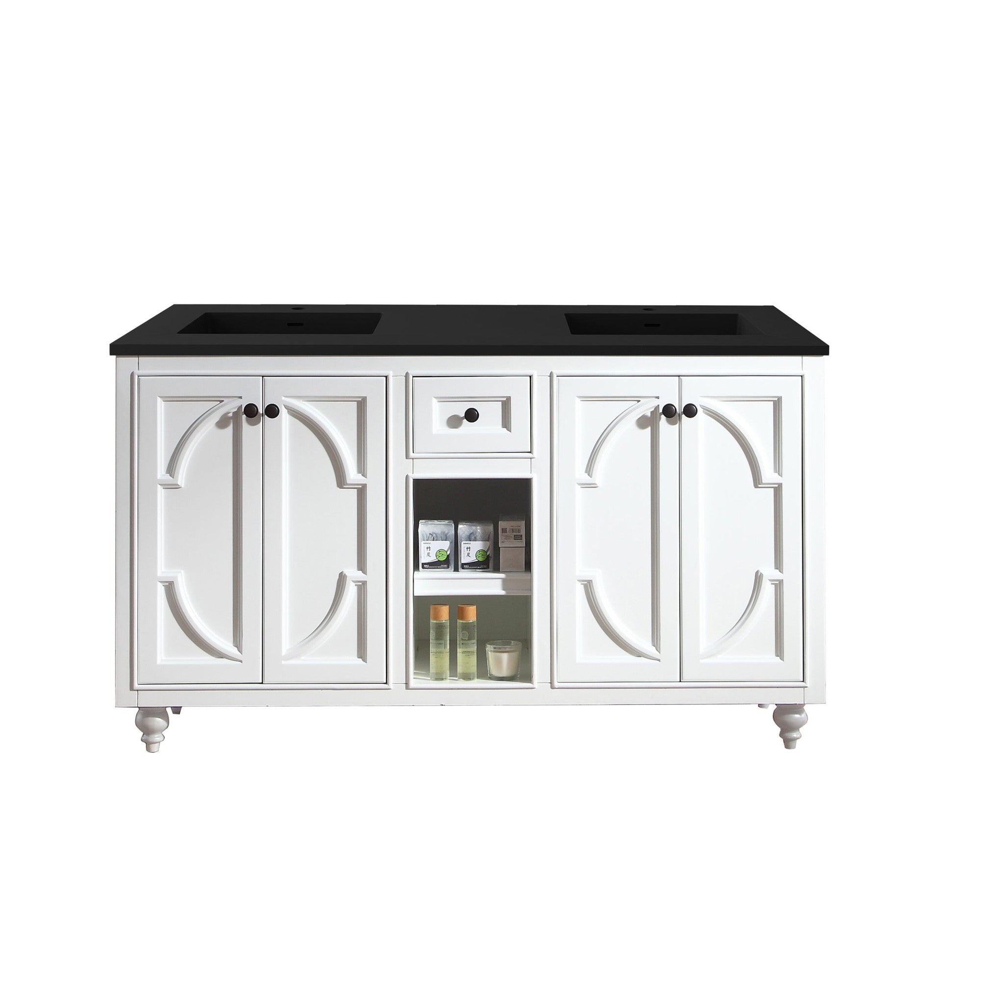 Odyssey 60" White Double Sink Bathroom Vanity with Matte Black VIVA Stone Solid Surface Countertop