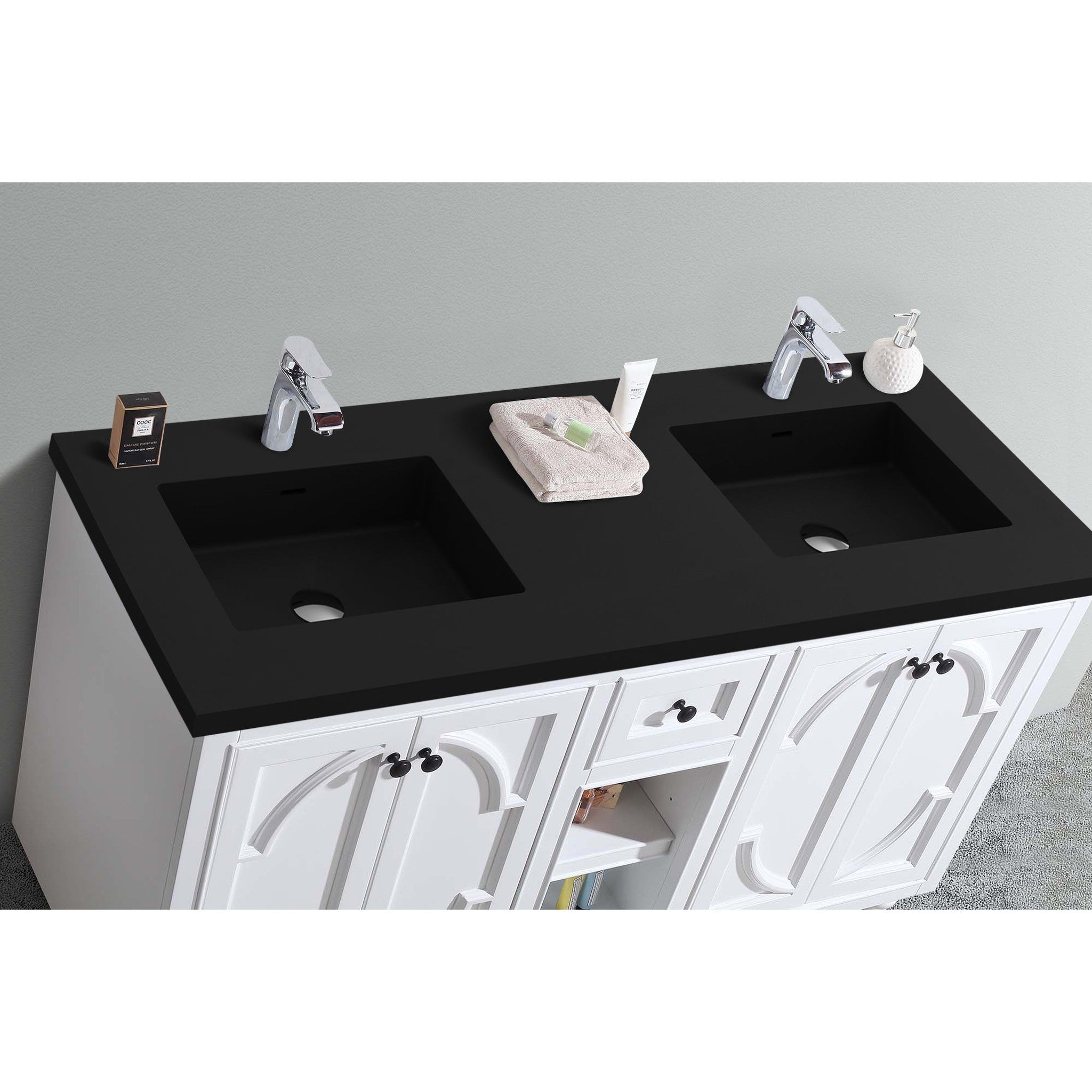 Odyssey 60" White Double Sink Bathroom Vanity with Matte Black VIVA Stone Solid Surface Countertop