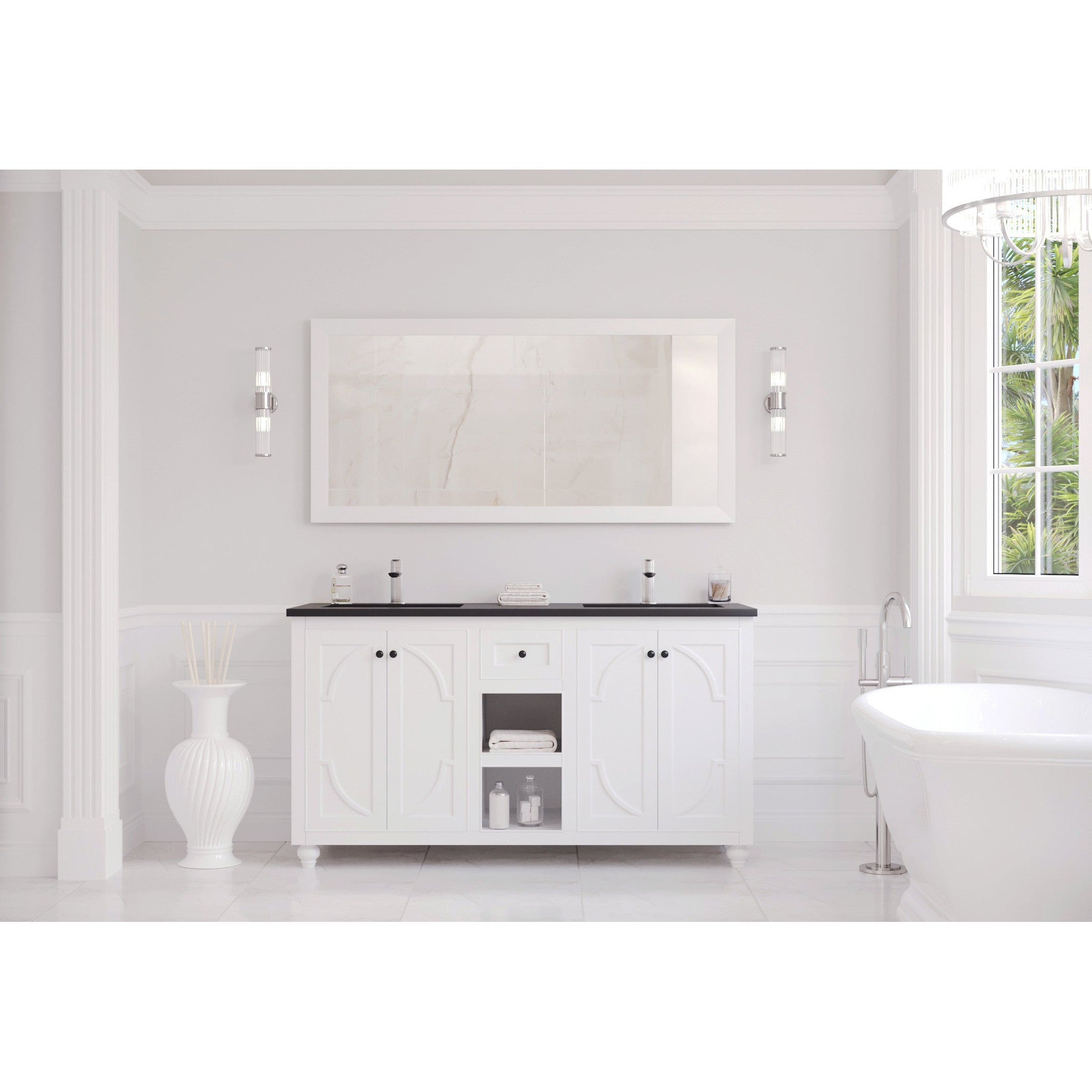 Odyssey 60" White Double Sink Bathroom Vanity with Matte Black VIVA Stone Solid Surface Countertop