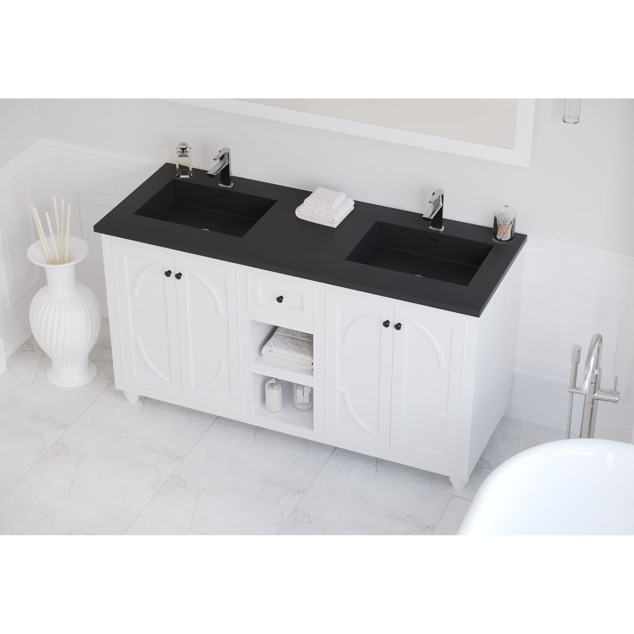 Odyssey 60" White Double Sink Bathroom Vanity with Matte Black VIVA Stone Solid Surface Countertop