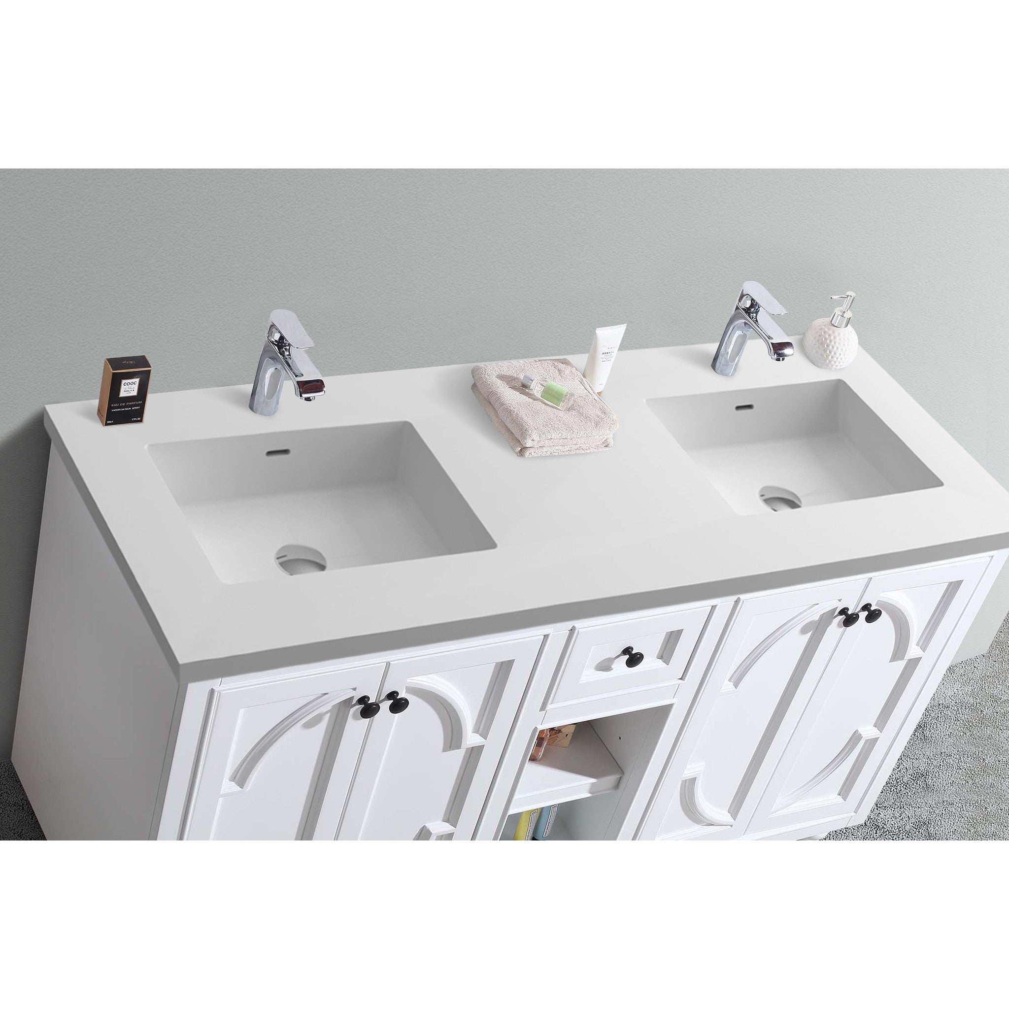 Odyssey 60" White Double Sink Bathroom Vanity with Matte White VIVA Stone Solid Surface Countertop