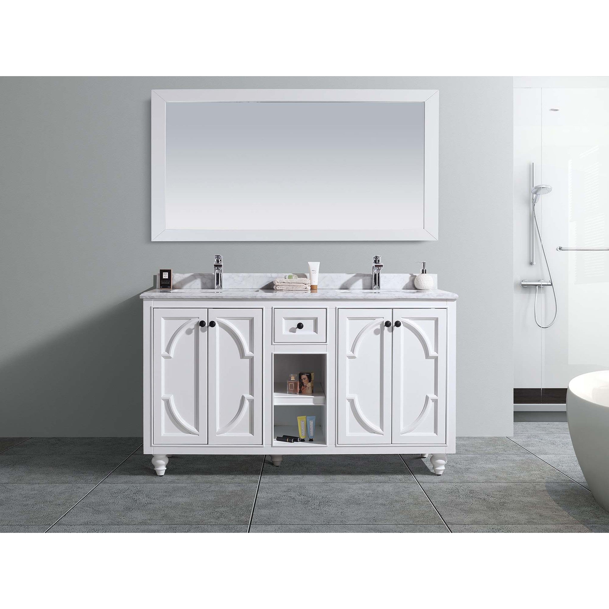 Odyssey 60" White Double Sink Bathroom Vanity with White Carrara Marble Countertop