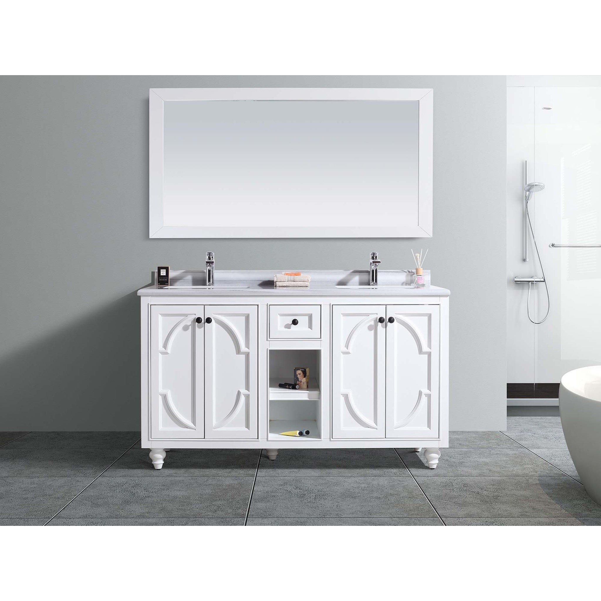 Odyssey 60" White Double Sink Bathroom Vanity with White Stripes Marble Countertop